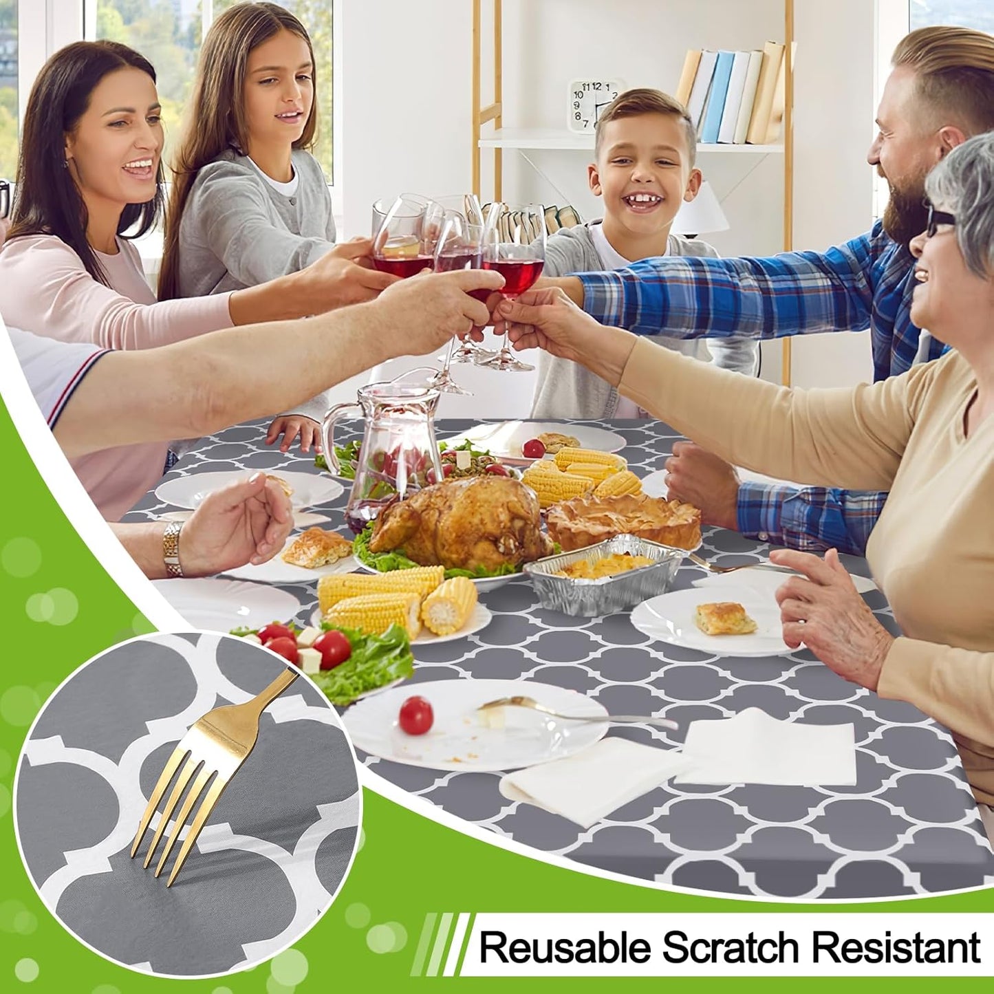 Smiry Rectangle Table Cloth, Flannel Backed Vinyl Tablecloth, 60"x84" | Waterproof Plastic Tablecloths, Wipeable Table Cover for Dining, Indoor and Outdoor (Grey)