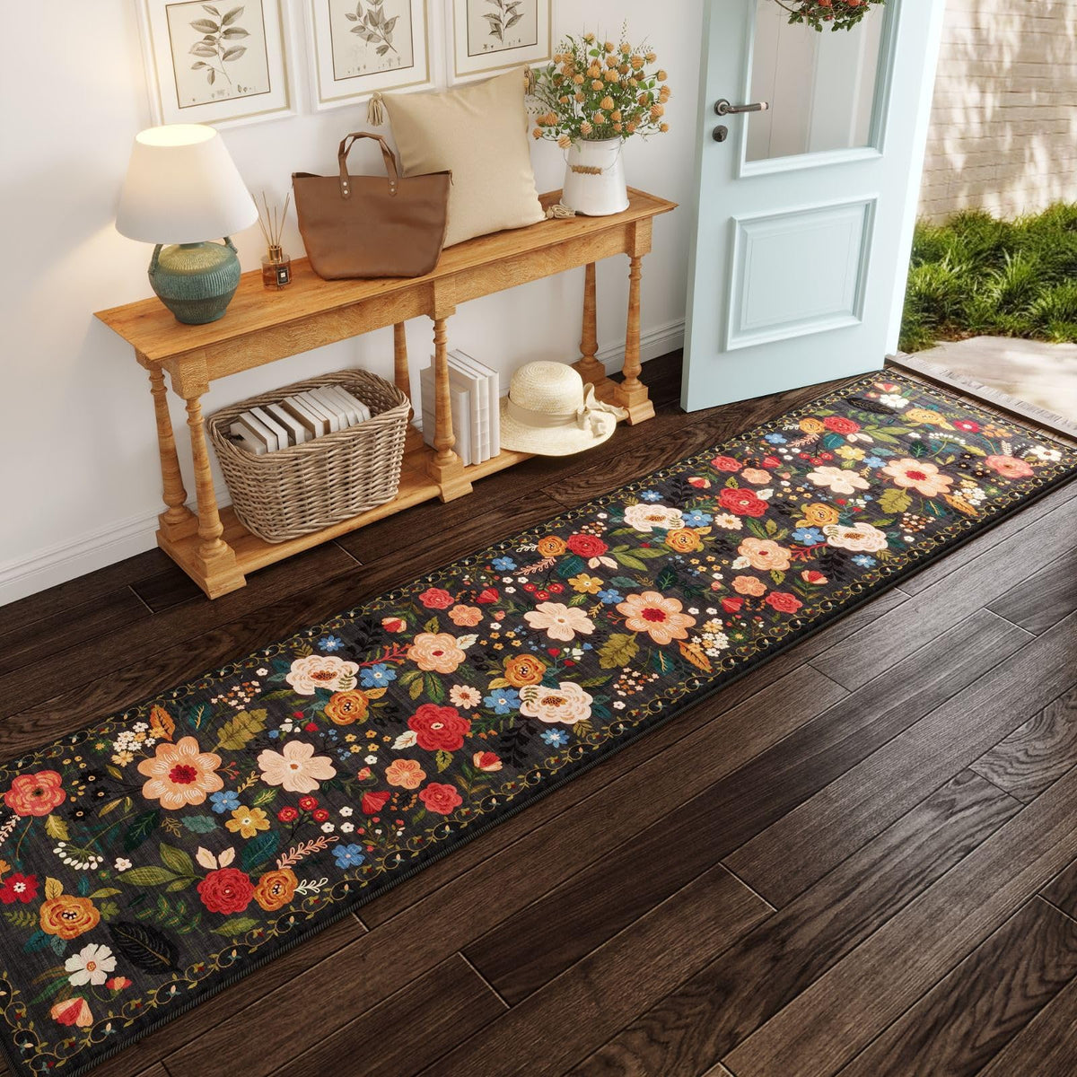 Rugcomf Living Room Rug 5x7 Rug Machine Washable Boho Area Rug Non Slip Floral Vintage Low Pile Large Rugs for Living Room, Bedroom, Farmhouse, Dining Room, Kids Playroom(Black)