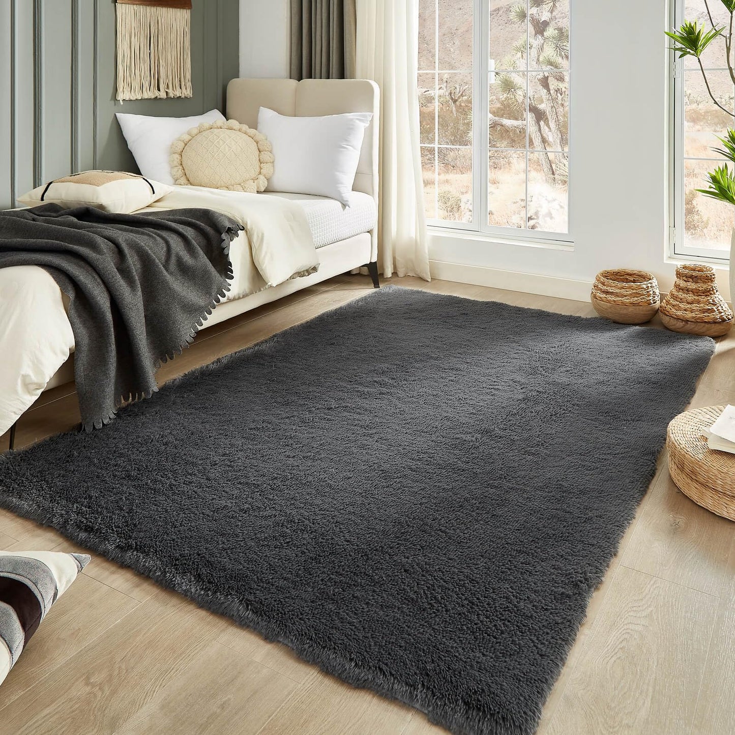Floralux Rugs for Living Room, 6x9 Large Shag Area Rug, Tie-Dyed Light Grey Soft Fluffy Carpets for Bedroom