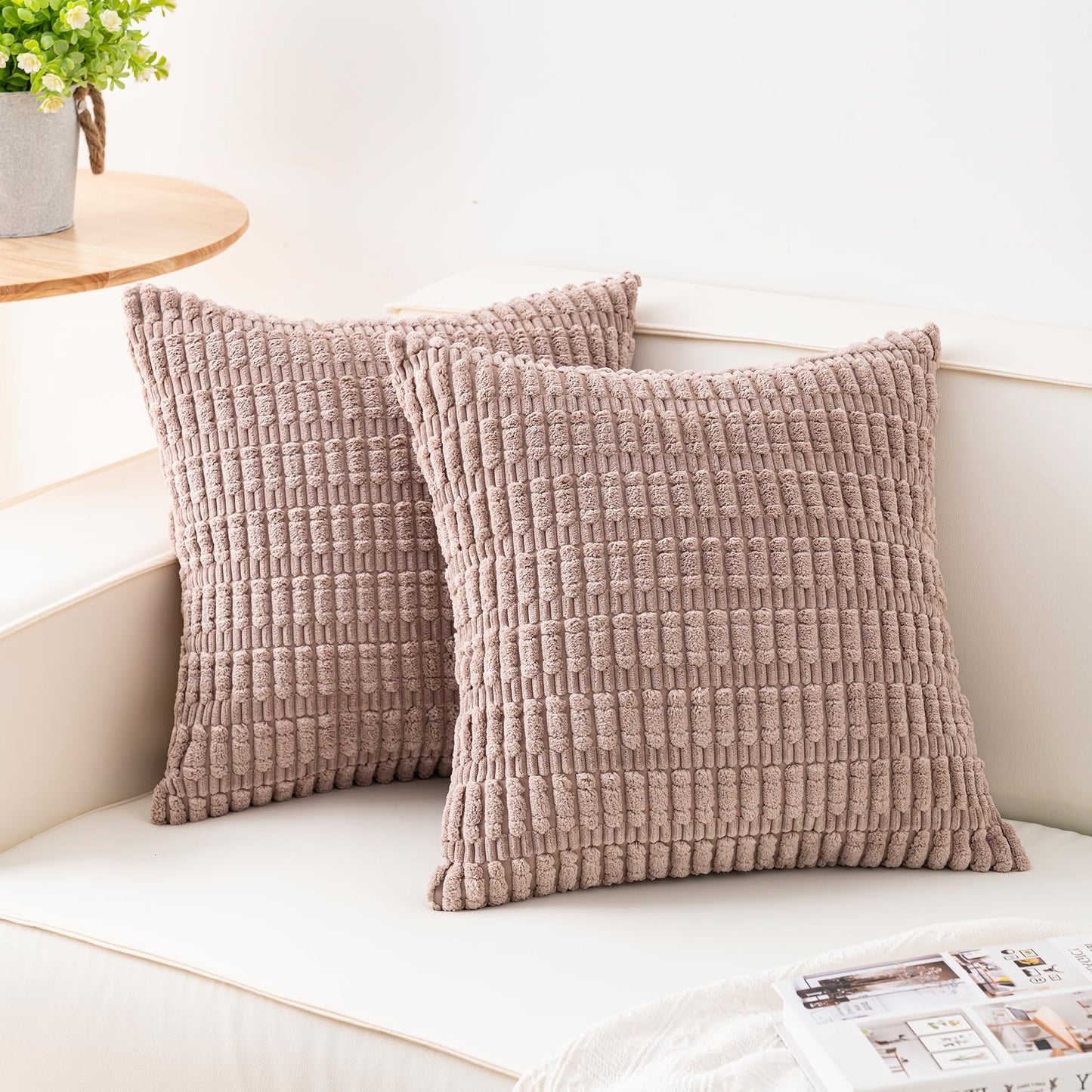 Pack of 2 Corduroy Decorative Throw Pillow Covers 18x18 Inch, Cream White | Fall Soft Striped Pillow Covers Modern Farmhouse Home Decor Christmas Throw Pillow Covers for Sofa Living Room Couch Bed ﻿