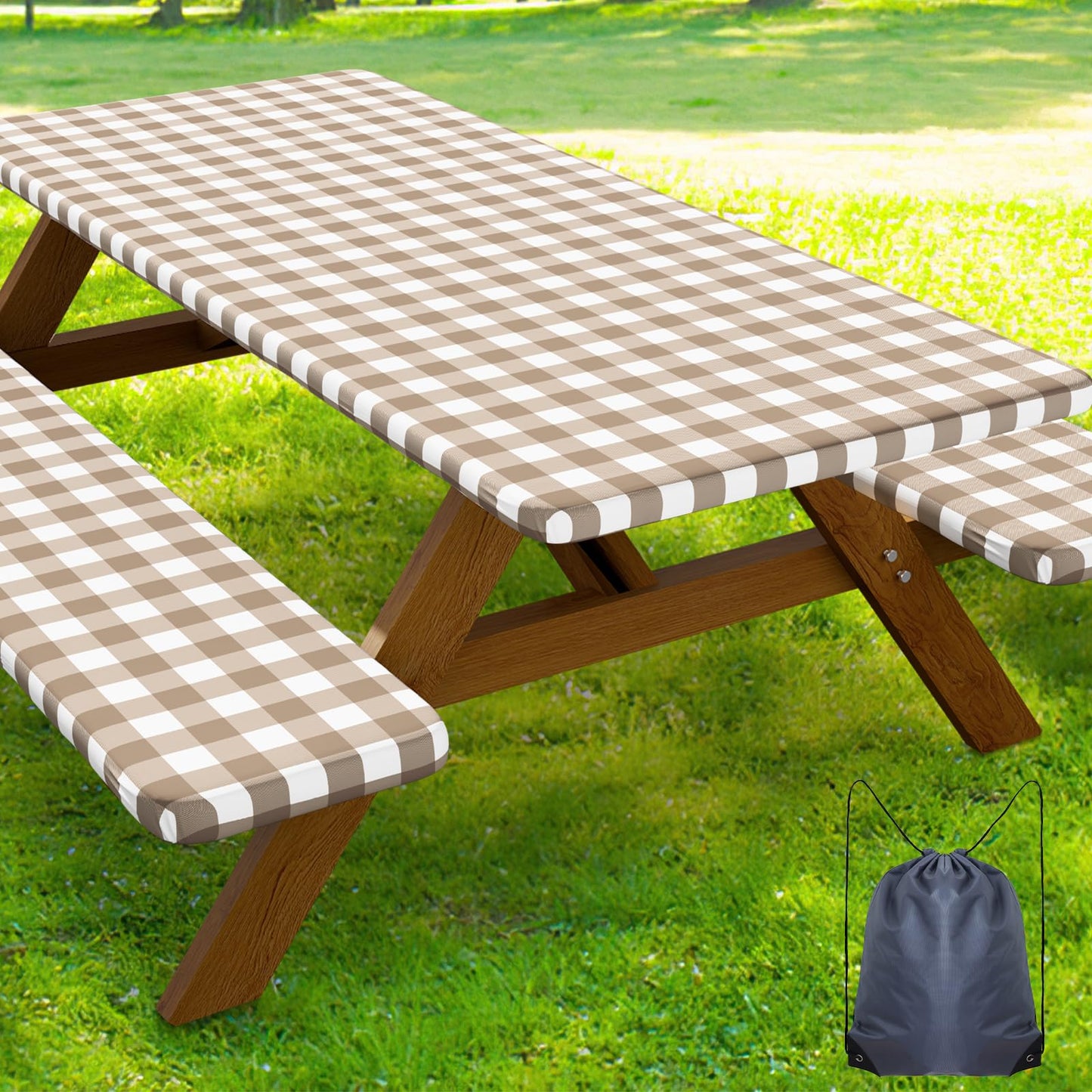 Smiry 6FT Picnic Table Cover with Bench Covers, Elastic Fitted Tablecloth | Waterproof Washable Rectangle Tablecloths ,Buffalo Plaid Tablecloth for Dining, Camping, Outdoor (Black & White, 30" x 72")