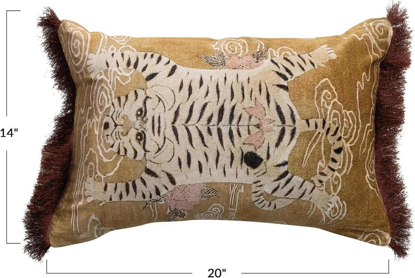 Creative Co-Op Tibetan Tiger Print Fringe Cotton Velvet Lumbar Pillow, Multicolor Finish