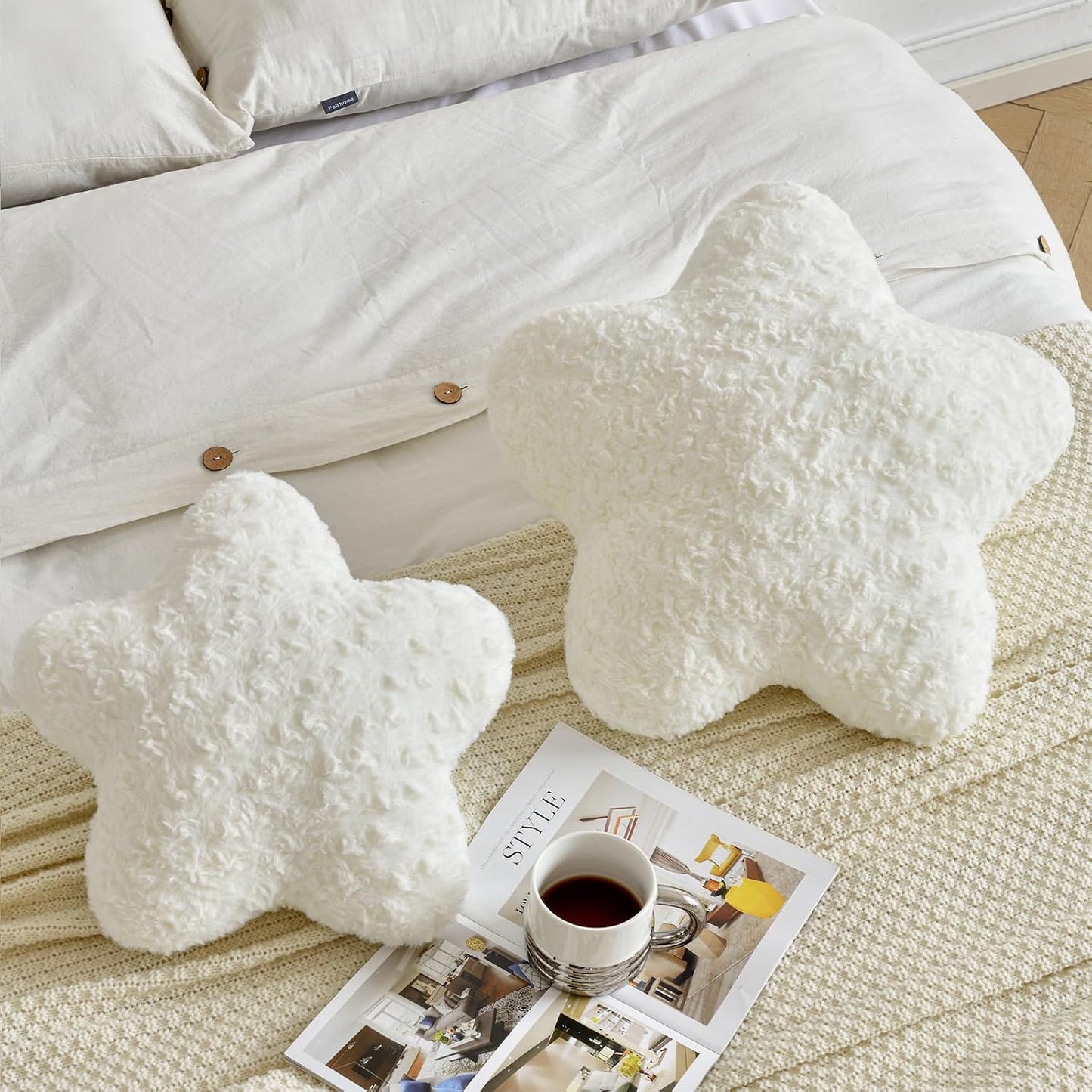 Star Pillow, 14.9" Star Shaped Plush Pillow for Couch Bed Sofa, Cute Decorative Throw Pillows with Soft Faux Fur Room Decor for Bedroom Living Room (White)