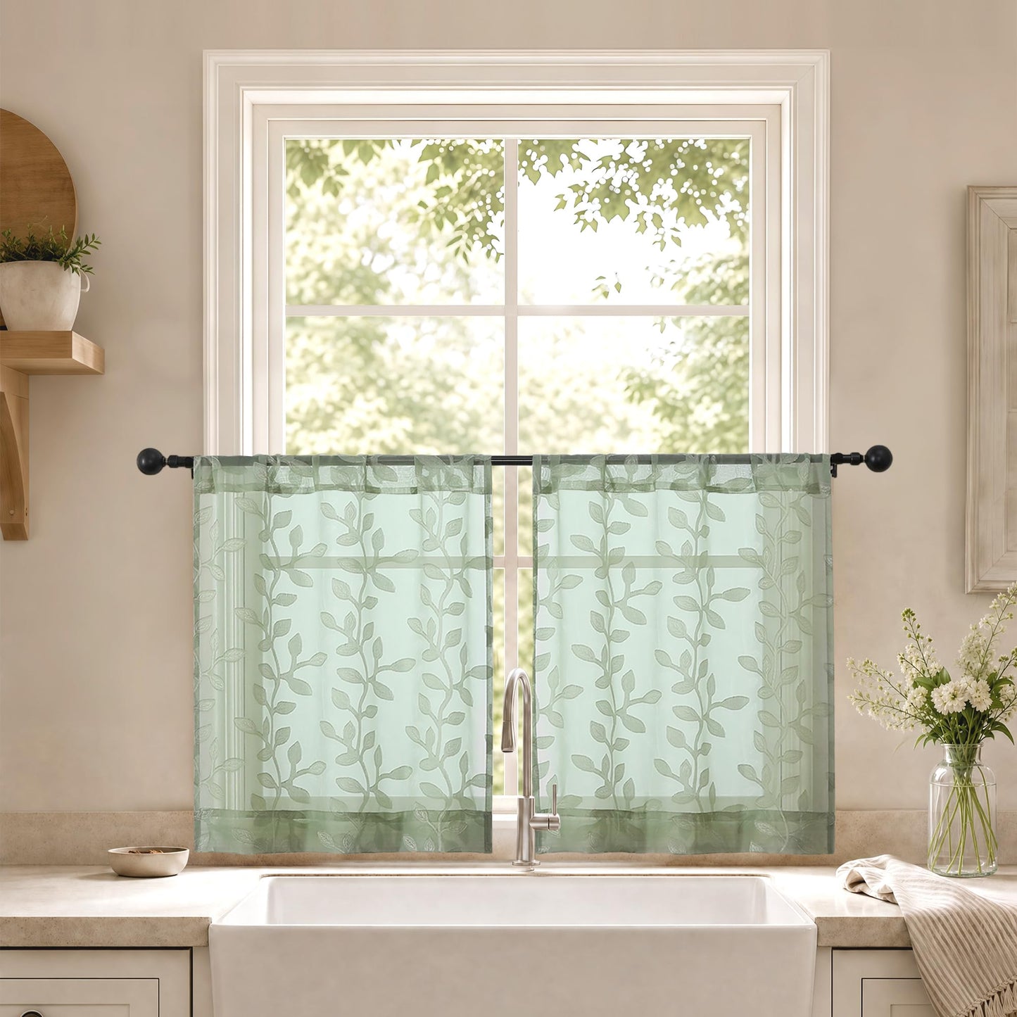 White Sheer Curtains 84 Inches Long - Light Filtering Leaf Jacquard Textured Semi Sheer Curtains, Rod Pocket Drapes for Living Room Bedroom 2 Panels Set, 2x37Wx84L Inches