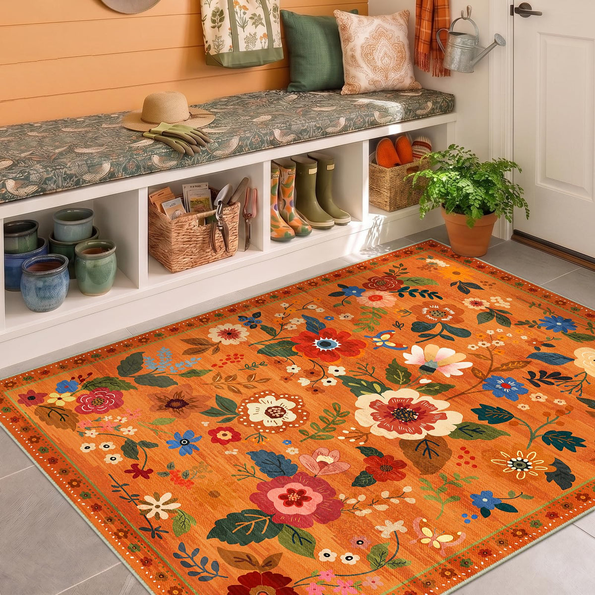 RELEANY Floral Washable 5x7 Area Rugs Black | Flower Carpet, Print, Boho, Non-Slip, Easy to Clean, Soft, Low Pile for Living Room Bedroom Kitchen Office Entryway Hallway