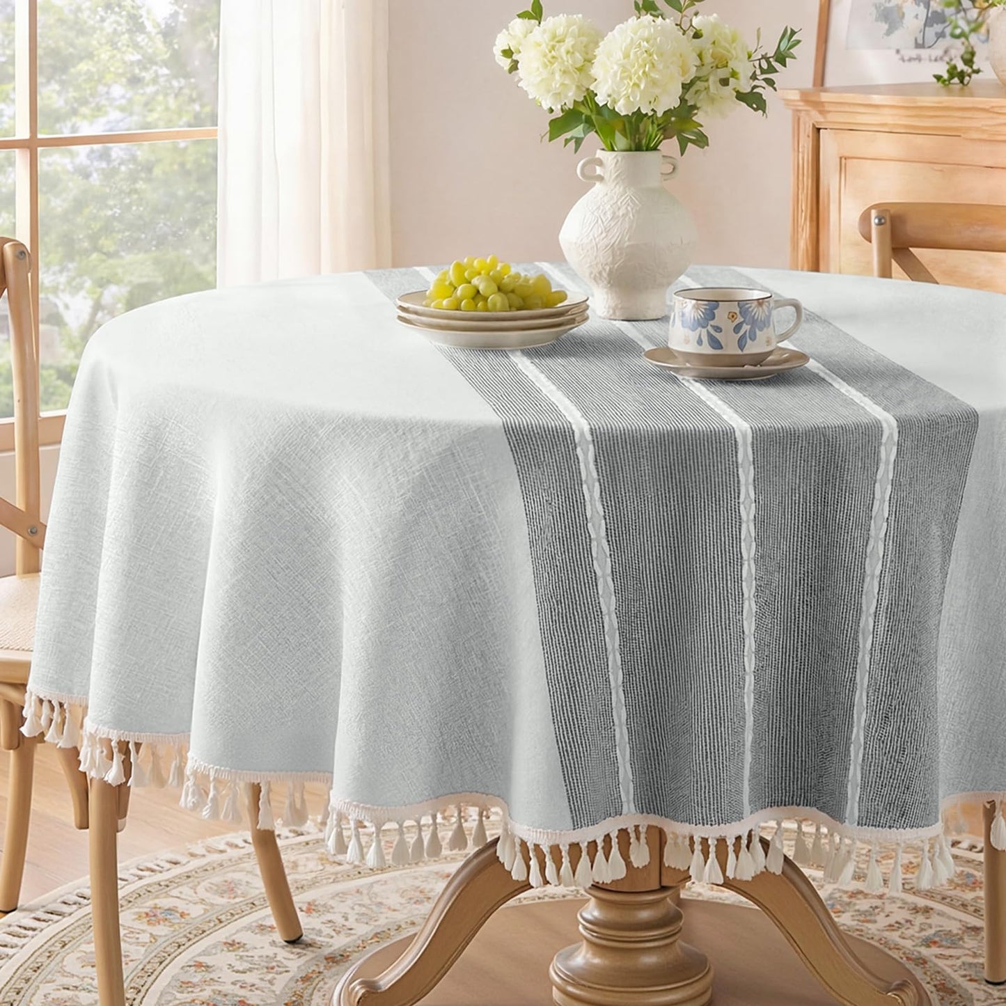 Softalker Outdoor Linen Tablecloth Rectangle, Waterproof Cotton Boho Farmhouse Table Cloths with Tassel, Heavy Weight Wrinkle Free Table Cover for Picnic Camping Dining - 55 x 70 Inch, Coffee Lines