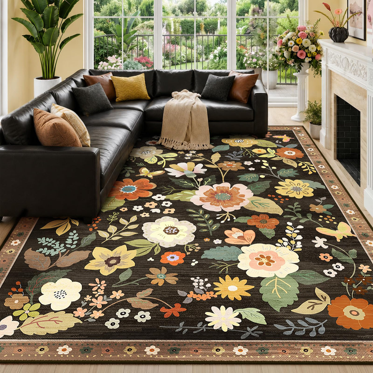 RELEANY Floral Washable 5x7 Area Rugs Black | Flower Carpet, Print, Boho, Non-Slip, Easy to Clean, Soft, Low Pile for Living Room Bedroom Kitchen Office Entryway Hallway