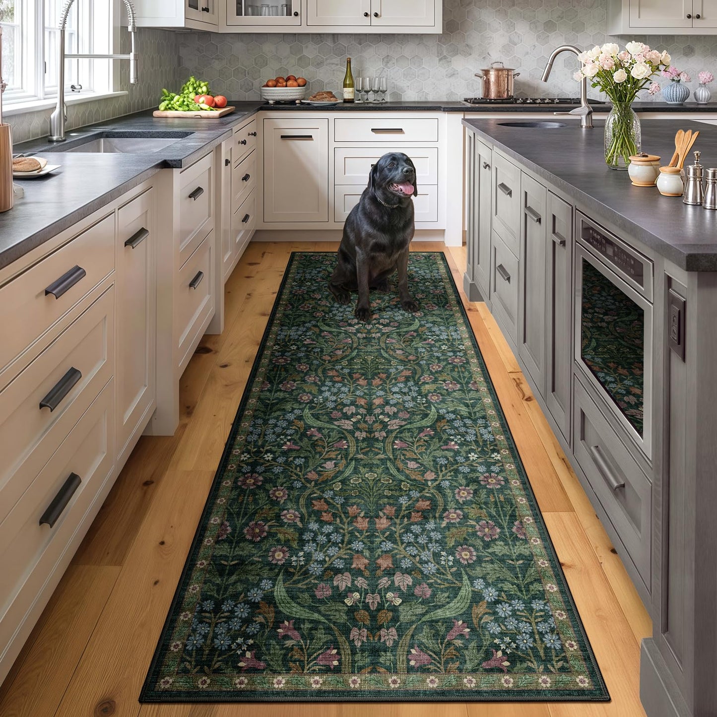 5x7 Washable Area Rug Green Boho Floral for Living Room Bedroom Nursery | Carpet for Dining Room, Soft Low-Pile Non-Slip Faux Wool, Farmhouse Indoor, Kid & Pet Friendly, Stain, Fade & Wear Resistant