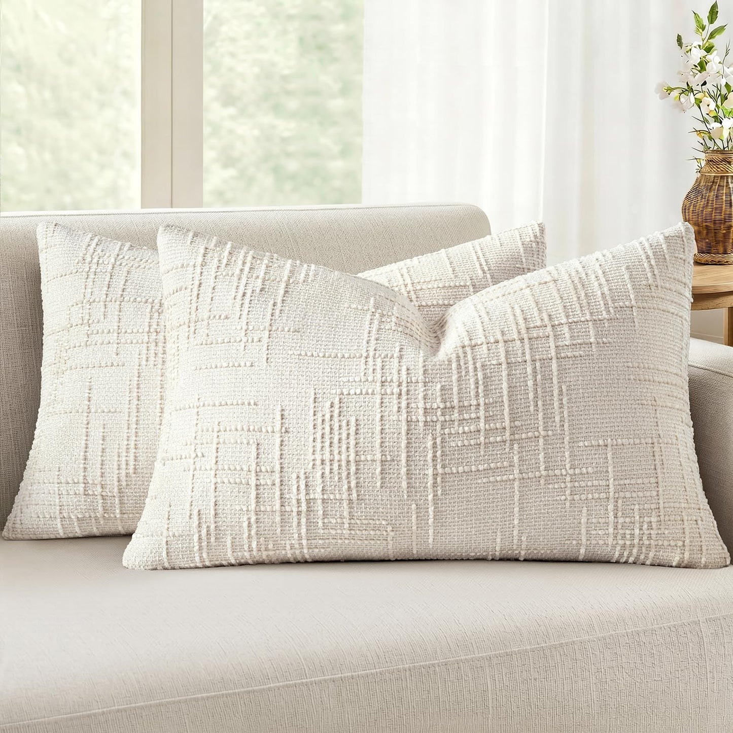 MIULEE Chenille Textured Throw Pillow Covers Cream White 18x18 Set of 2 | Slubby Decorative Pillows, Boho Farmhouse Home Decor, Modern Neutral Cushion Covers for Couch Sofa Bed Living Room
