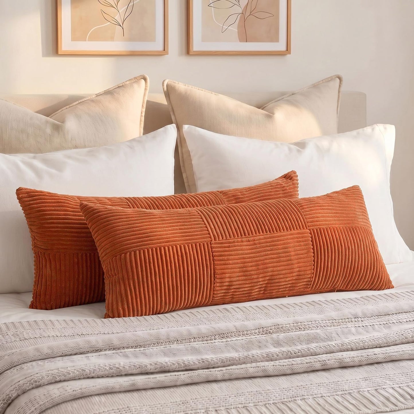 Fancy Homi 2 Packs Rust Boho Decorative Throw Pillow Covers 18x18 Inch for Couch Bed Sofa, Farmhouse Fall Home Decor, Soft Corss Corduroy Patchwork Textured Terracotta Accent Cushion Case 45x45 cm