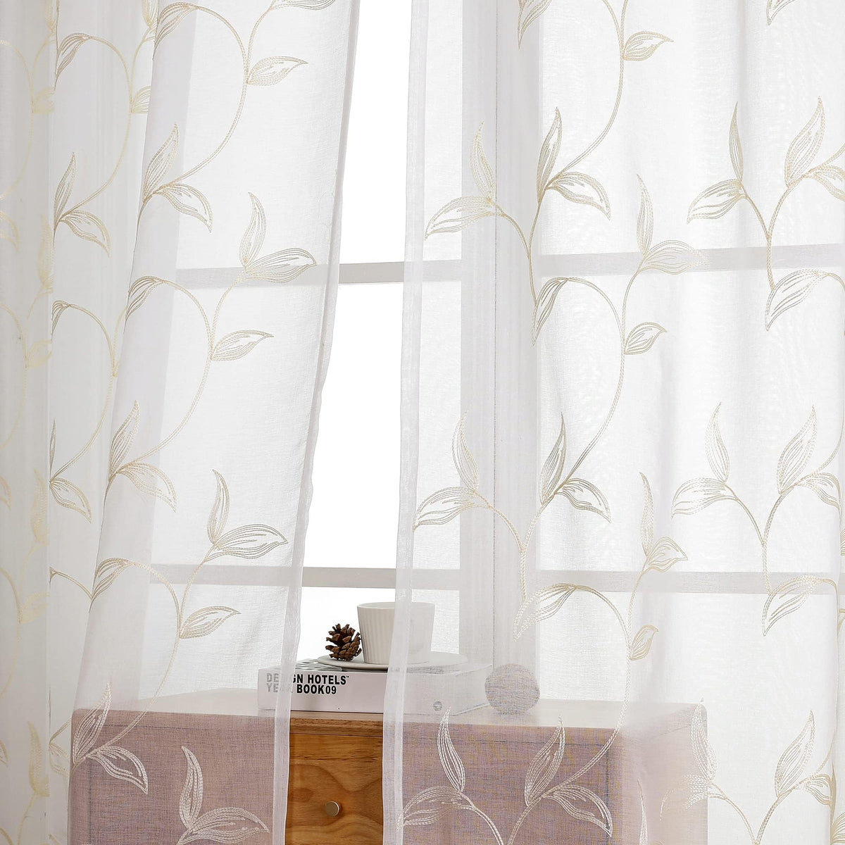 Sheer Curtains Boho Leaf Floral Embroidered Cream Beige 54Wx84L | Light Filtering Semi Sheer Voile Curtains With Design, Rod Pocket Window Drapes for Bedroom Living Room 2 Panels