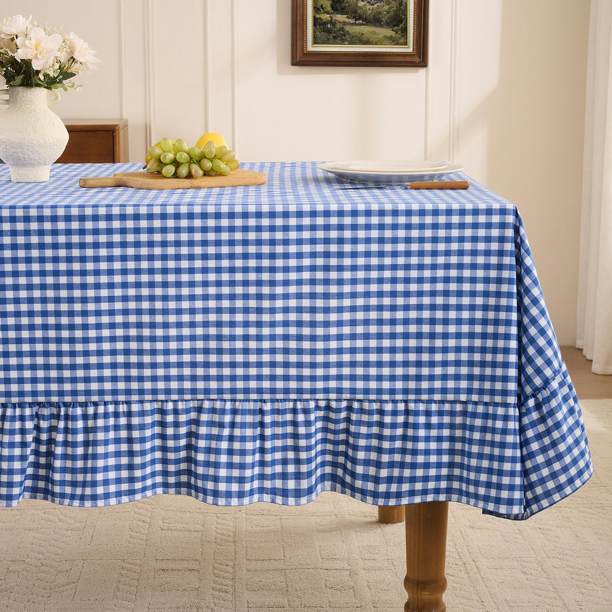 Romanstile Gingham Ruffled Tablecloth Rectangle, 60 x 84 Inch, Sage Green | Waterproof Checkered Table Cloth, Polyester-cotton, Farmhouse Plaid Table Cover for Outdoor, Picnic, Camping, Party