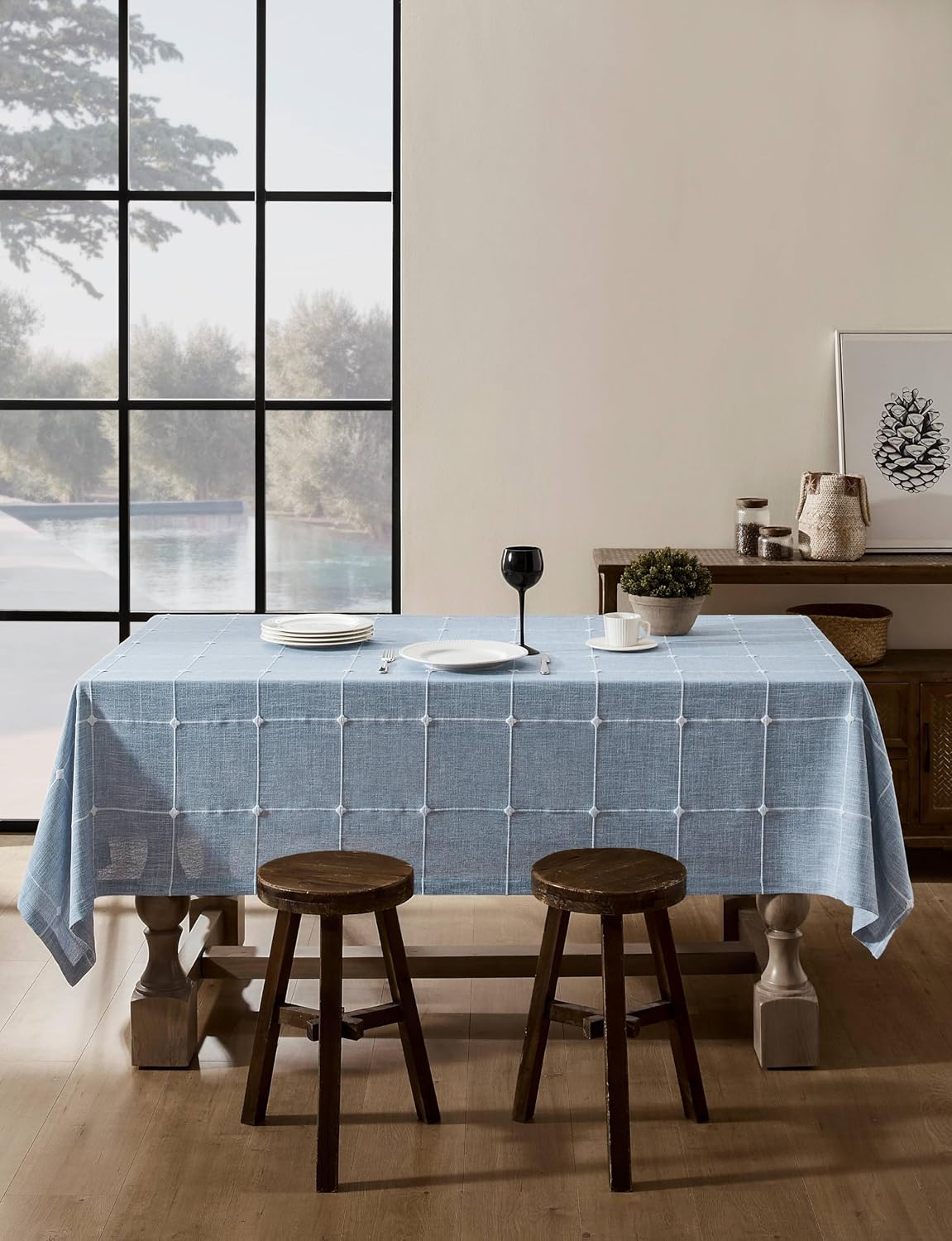 Grid Embroidered Rectangle Hemmed Tablecloths 60x120in, Blue | Heavy Weight Non-sheer Linen Fabric, Mitered Corner Finish, Water Resistant Farmhouse Table Cover, Boho Plaid Home Decor