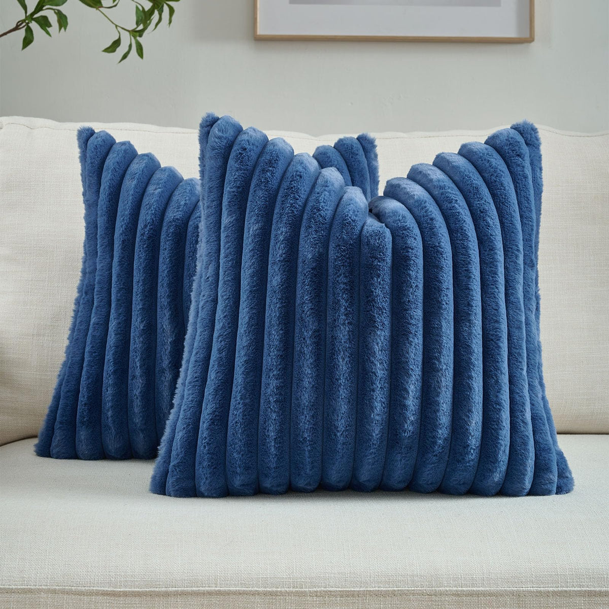 FUTEI Pack of 2 Faux Fur Throw Pillow Covers 18x18 Inch, Cream White | Fluffy Faux Rabbit Fur Front/Premium Velvet Back,Hidden Zipper,Machine Washable,Non-Shedding,Colorfast,Insert Not Included.