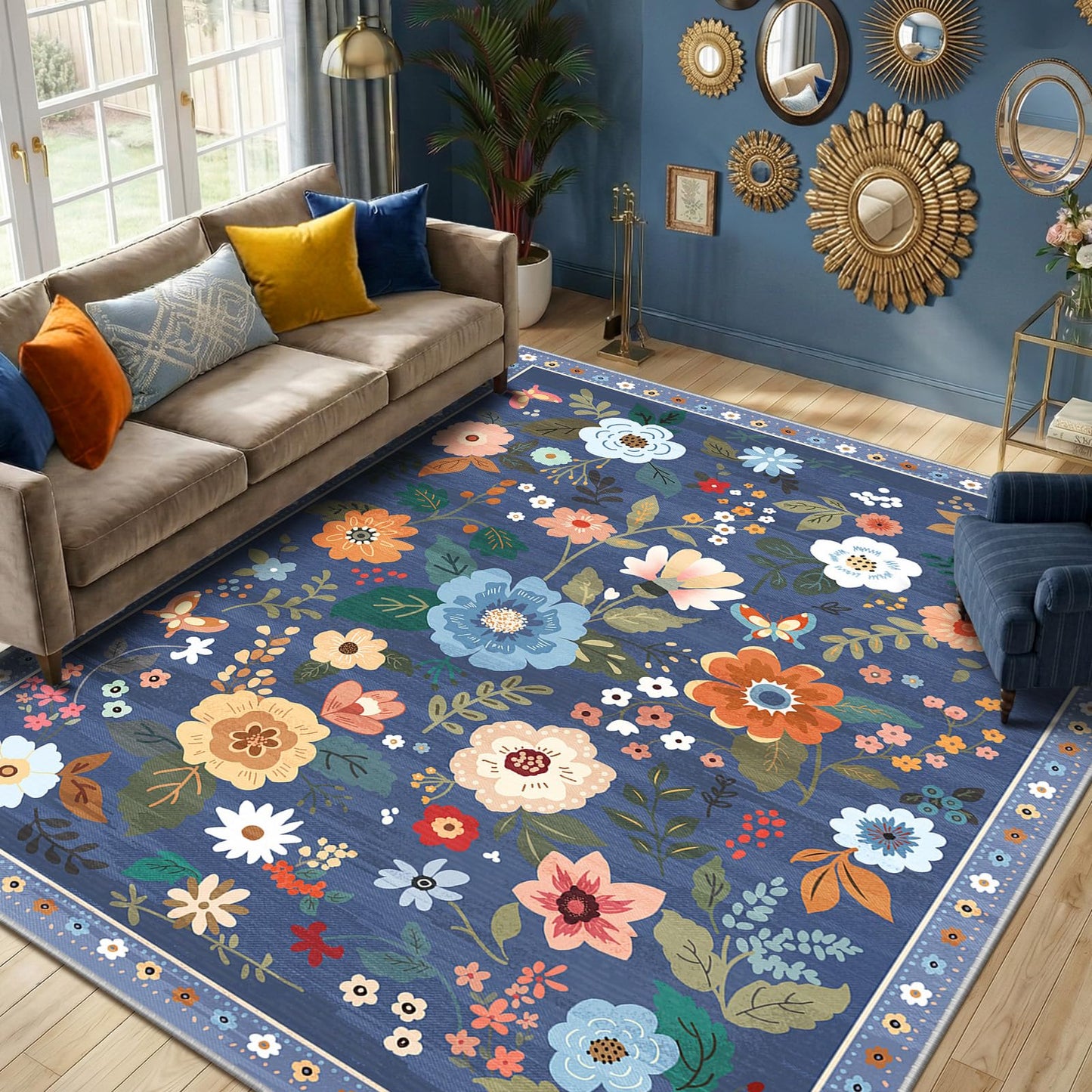 RELEANY Floral Washable 5x7 Area Rugs Black | Flower Carpet, Print, Boho, Non-Slip, Easy to Clean, Soft, Low Pile for Living Room Bedroom Kitchen Office Entryway Hallway