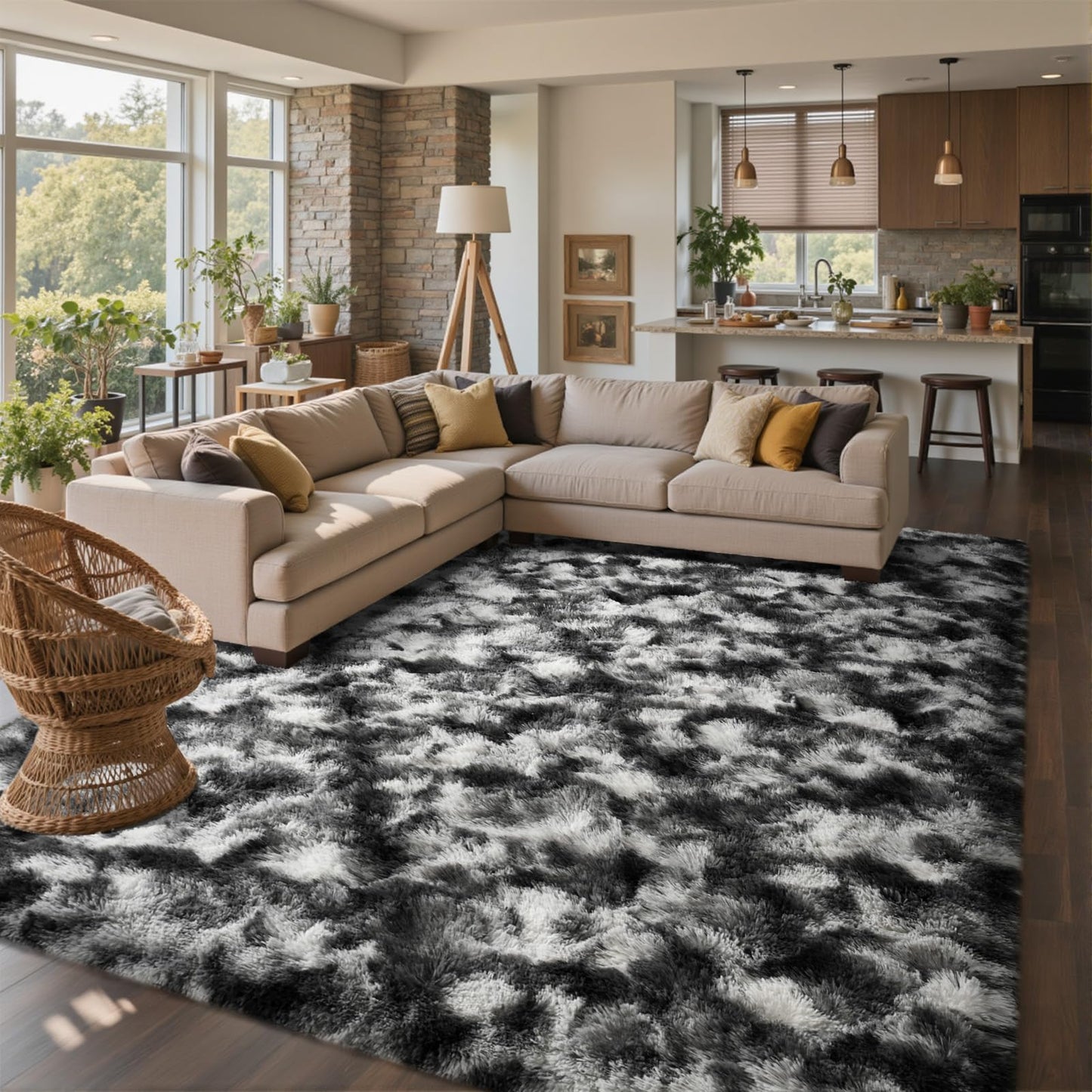 6x9 Ft Large Shag Rugs for Living Room Decor, Tie-Dyed Ultra Soft Fluffy Furry Area Rugs for Bedroom Indoor Floor, Aesthetic Carpet for Kids Home (Dark Grey)