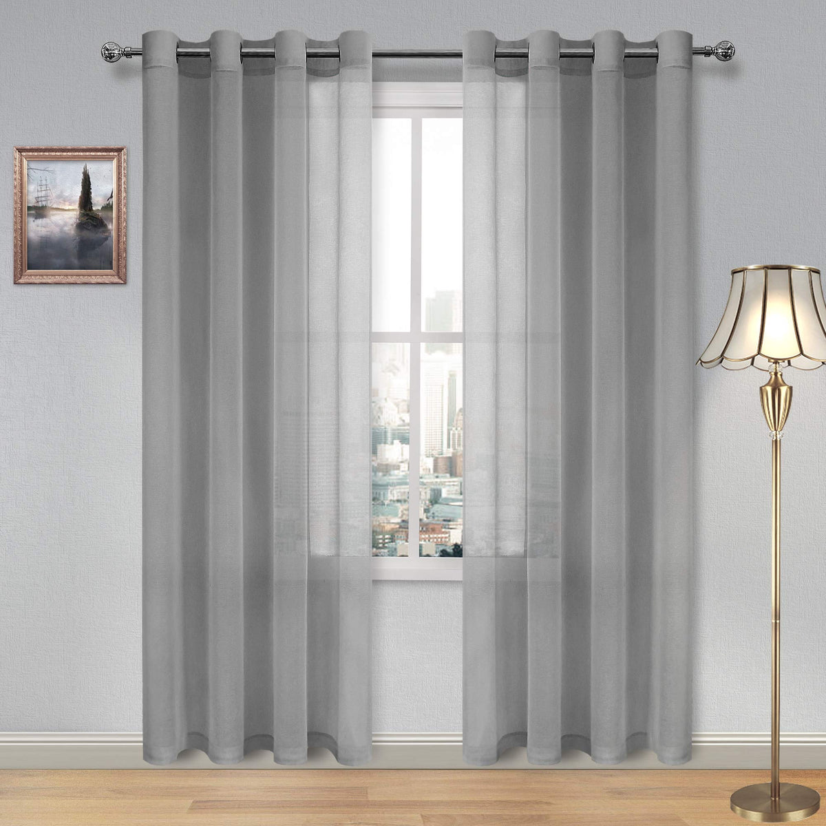 DWCN White Sheer Curtains Linen Look Semi Transparent Voile Grommet White Curtains for Living Dining Room Drapes 52 x 84 Inch Long, Set of 2 Panels