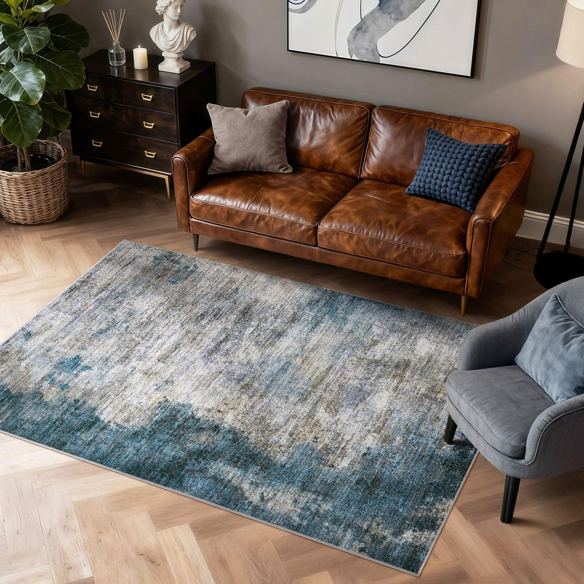DMOYEST 8x10 Area Rug for Living Room Washable Abstract Indoor Carpet | Neutral Modern Low Pile Rugs Kid & Pet Friendly Large Soft Thin Carpet for Bedroom Dining Room - Grey Blue