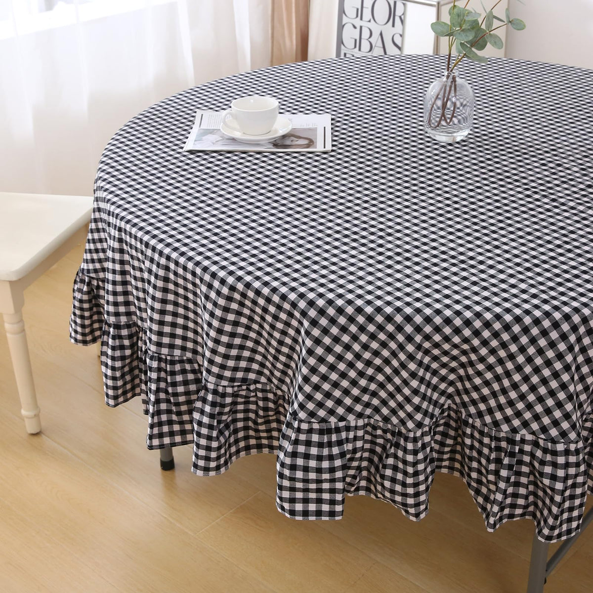 Blush White Gingham Ruffled Table Cloth Rectangular 120“x60” | 100% Washed Cotton, for Seat 8-10, Buffet Picnic Baby Shower Party Tablecloth, Decorative Checker Plaid Farmhouse Table Cover