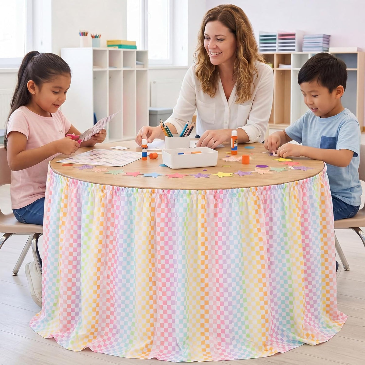 Teacher Desk Skirt 6 ft Pastel Checkered Classroom Decor | Ruffled Table Cover for Teacher Desk, Fits Kindergarten Office Decor, Back to School Classroom Supplies