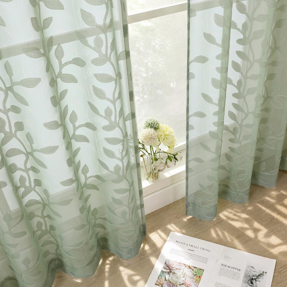 White Sheer Curtains 84 Inches Long - Light Filtering Leaf Jacquard Textured Semi Sheer Curtains, Rod Pocket Drapes for Living Room Bedroom 2 Panels Set, 2x37Wx84L Inches