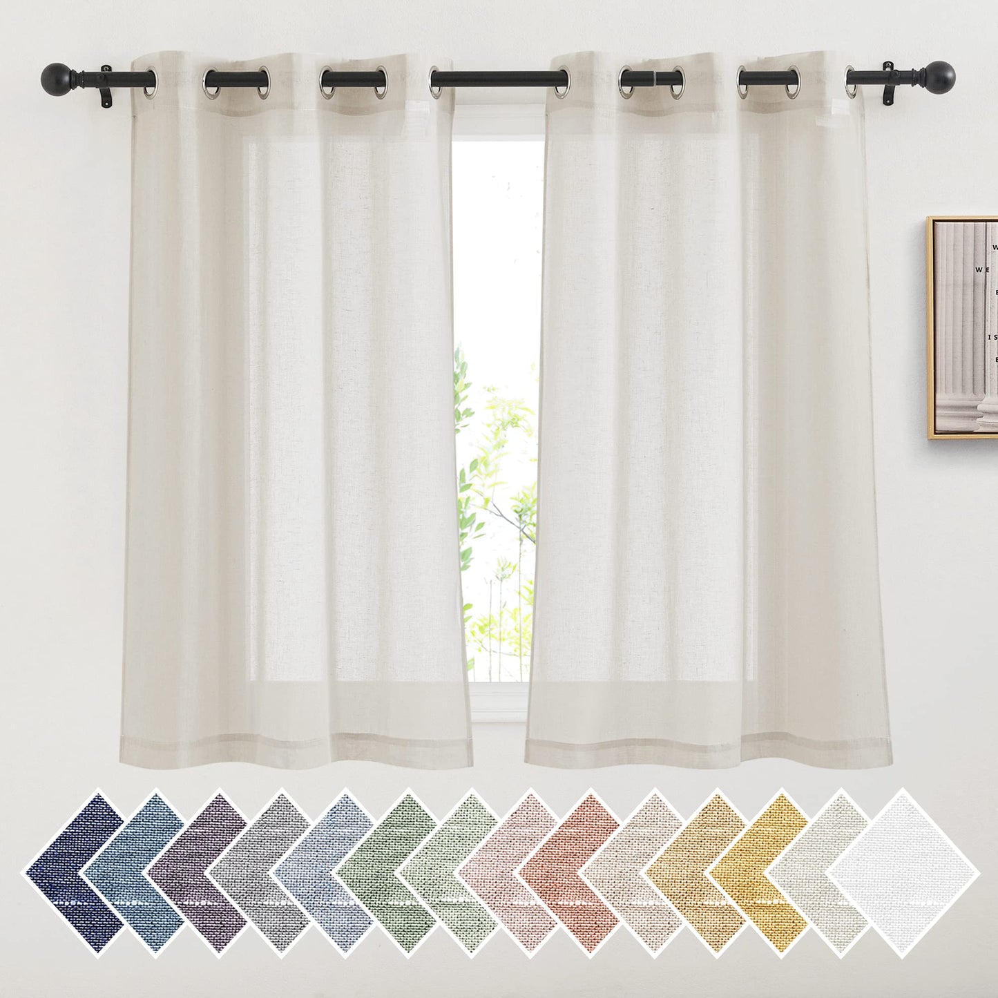 NICETOWN White Sheer Linen Curtains for Living Room 84 inch Length 2 Panels Set, Grommet Semi Sheer Privacy with Light Filtering Flax Window Treatments for Bedroom, W52 x L84