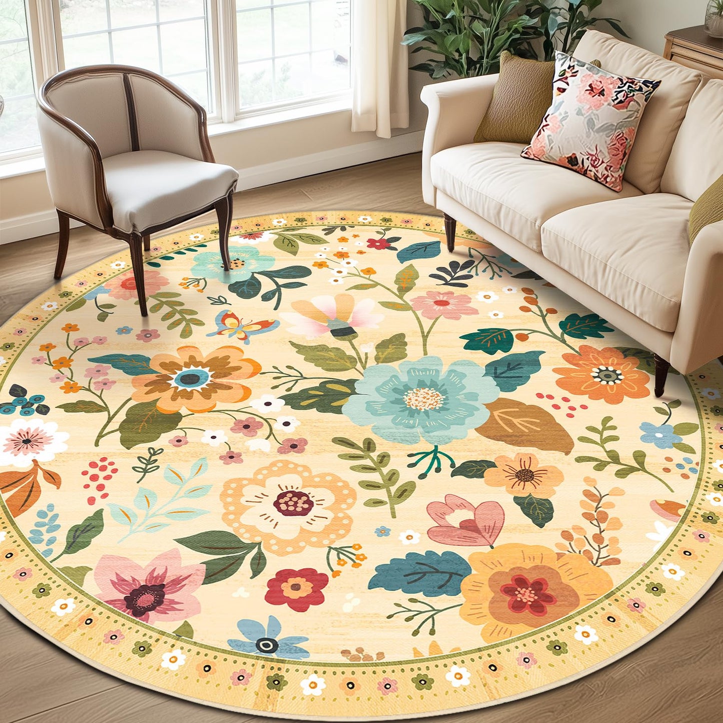 RELEANY Floral Washable 5x7 Area Rugs Beige/White/Orange | Flower Carpet, Print, Boho, Non-Slip, Easy to Clean, Soft, Low Pile for Living Room Bedroom Kitchen Office Entryway Hallway