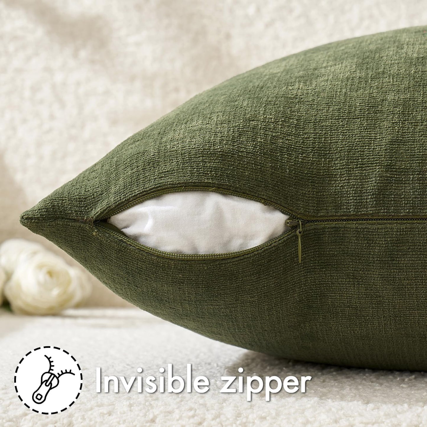 MIULEE Olive Green Chenille Couch Throw Pillow Covers, 18x18 | Set of 2, Soft Modern Farmhouse Style, Decorative Pillowcases for Sofa Living Room Bed, Home Decor