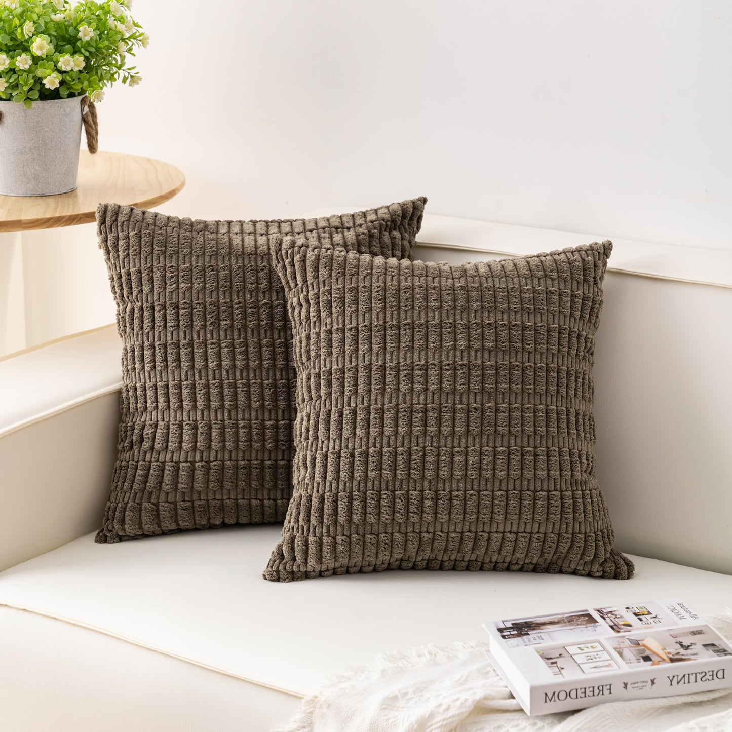 Pack of 2 Corduroy Decorative Throw Pillow Covers 18x18 Inch, Cream White | Fall Soft Striped Pillow Covers Modern Farmhouse Home Decor Christmas Throw Pillow Covers for Sofa Living Room Couch Bed ﻿