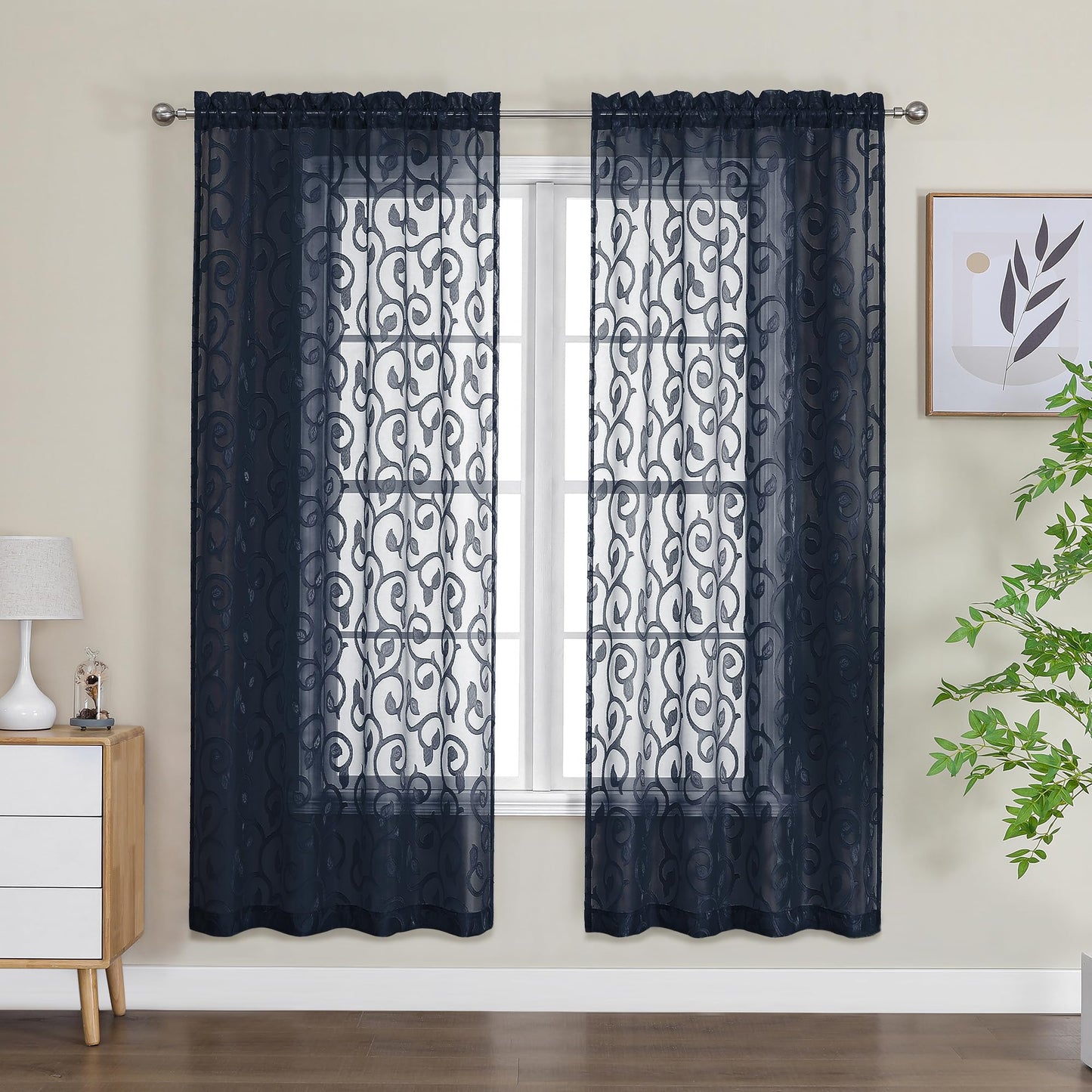 Furman Ivory Sheer Curtains 84 inches Long for Bedroom Living Room 2 Panels Set, Jacquard Clip Light Filtering Semi Sheer Curtain Rod Pocket Window Drapes, 2 Pcs Each 40 W 84 L