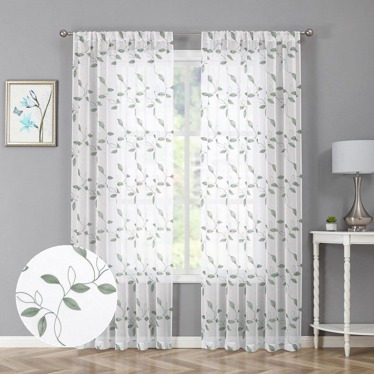 Tollpiz White Leaf Sheer Curtains Bedroom 54 x 84 Inches | Leaves Embroidered Curtain Rod Pocket Voile Window Treatment for Living Room, Set of 2 Panels