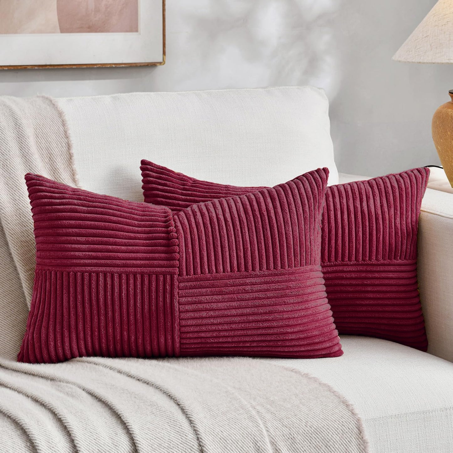 Fancy Homi 2 Packs Rust Boho Decorative Throw Pillow Covers 18x18 Inch for Couch Bed Sofa, Farmhouse Fall Home Decor, Soft Corss Corduroy Patchwork Textured Terracotta Accent Cushion Case 45x45 cm