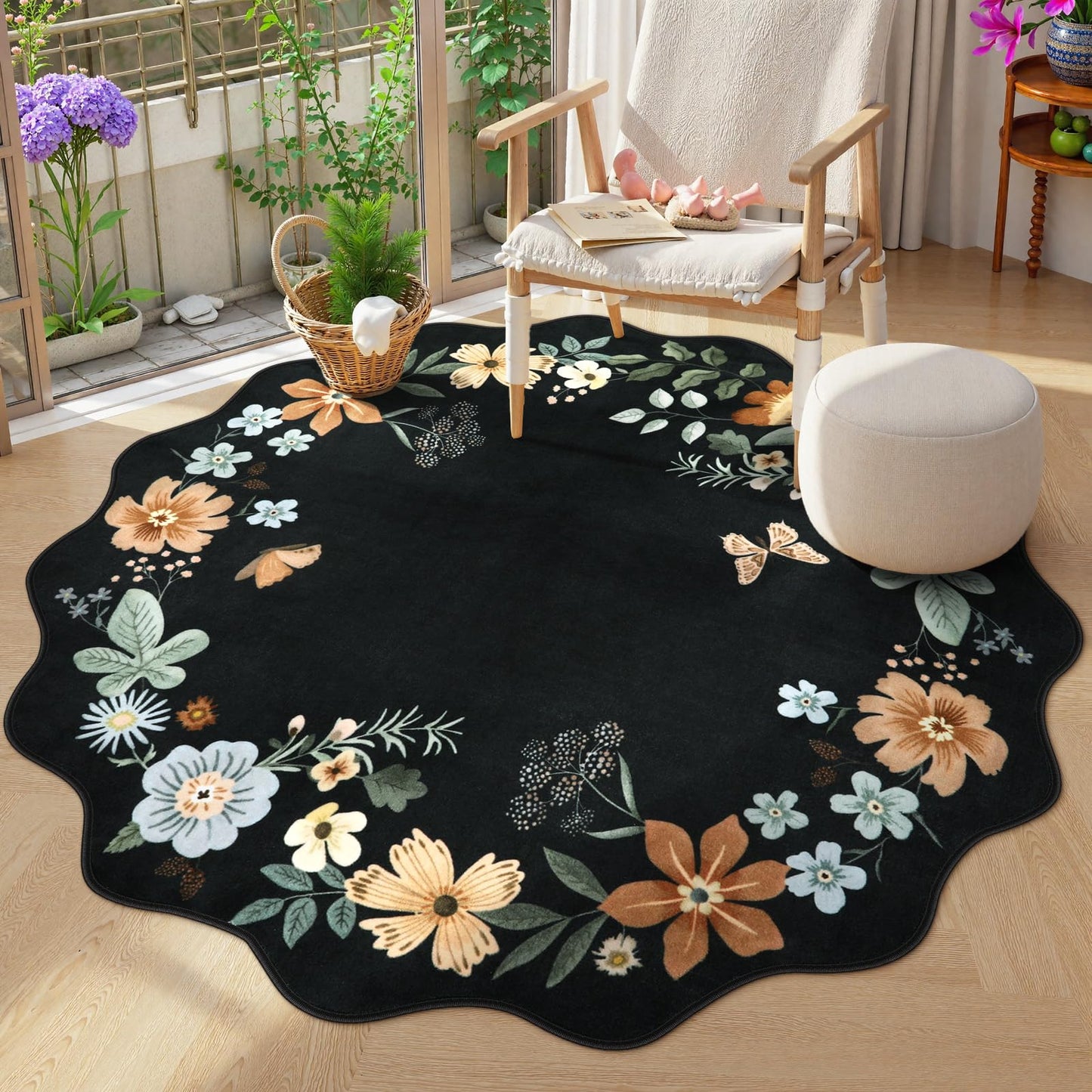 Lahome Floral Rugs for Living Room, 5x7 Area Rugs Ultra-Thin Soft Washable Rug, Non-Slip Bedroom Rug Stain Resistant Boho Flore Carpet for ‎Dining Room Office (5x7ft,Black/Grey)
