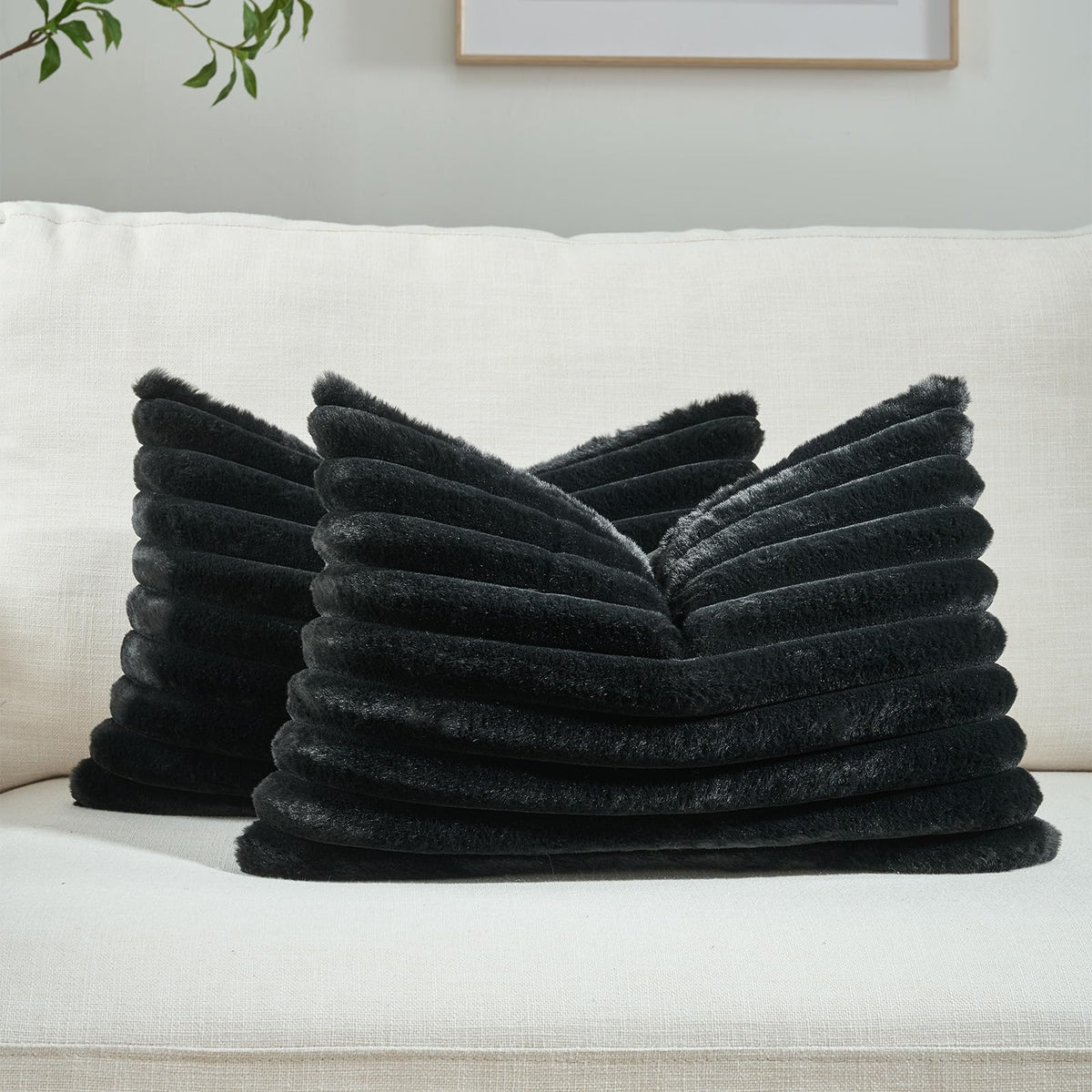 FUTEI Pack of 2 Faux Fur Throw Pillow Covers 18x18 Inch, Cream White | Fluffy Faux Rabbit Fur Front/Premium Velvet Back,Hidden Zipper,Machine Washable,Non-Shedding,Colorfast,Insert Not Included.