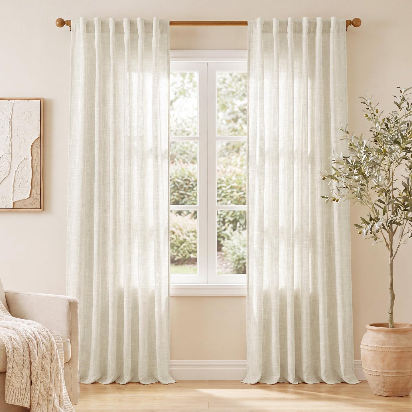 NICETOWN Semi Sheer White Curtains 84 inch Long, Rod Pocket & Back Tab Sheer Linen Curtains & Drapes Balance Privacy & Light Panels for Bedroom/Living Room, W52 x L84, 2 Panels