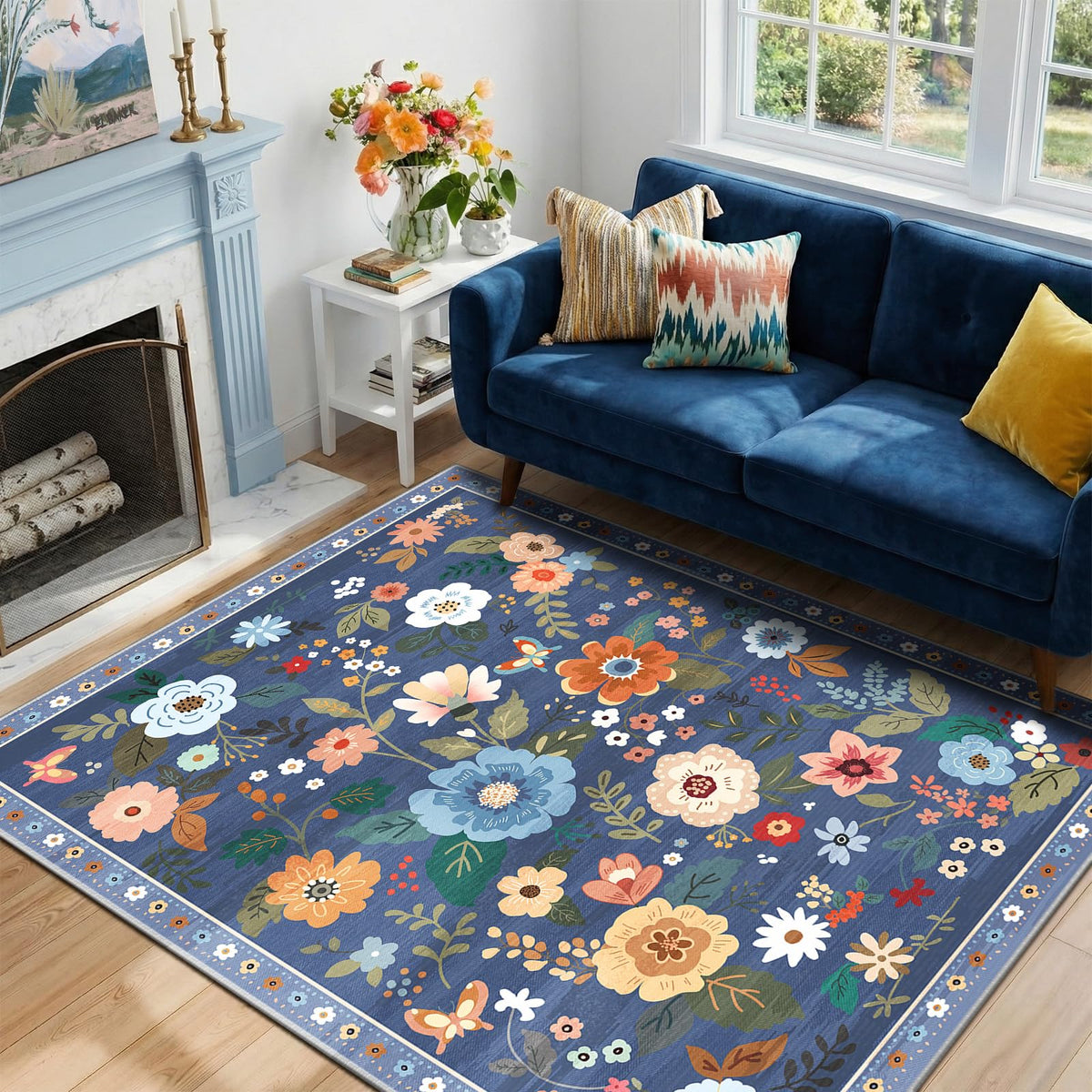 RELEANY Floral Washable 5x7 Area Rugs Black | Flower Carpet, Print, Boho, Non-Slip, Easy to Clean, Soft, Low Pile for Living Room Bedroom Kitchen Office Entryway Hallway
