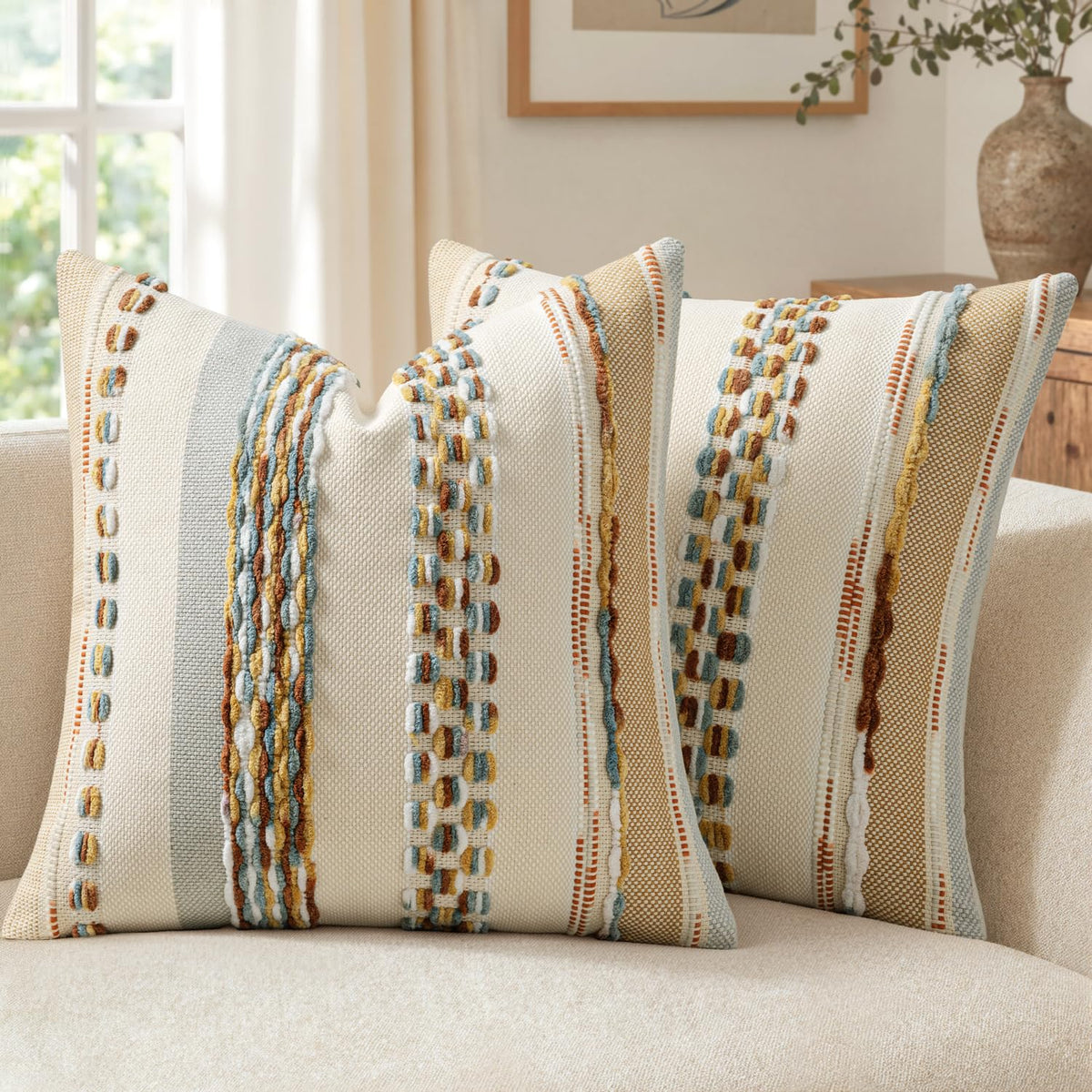 ANRODUO Boho Decorative Pillow Covers Olive Green Stripe 18x18 Pack of 2 | Throw Pillow Covers, Farmhouse Cushion Case, Chenille Pillow Cases, Pillow Covers, Accent Neutral Pillowcase for Couch Bed
