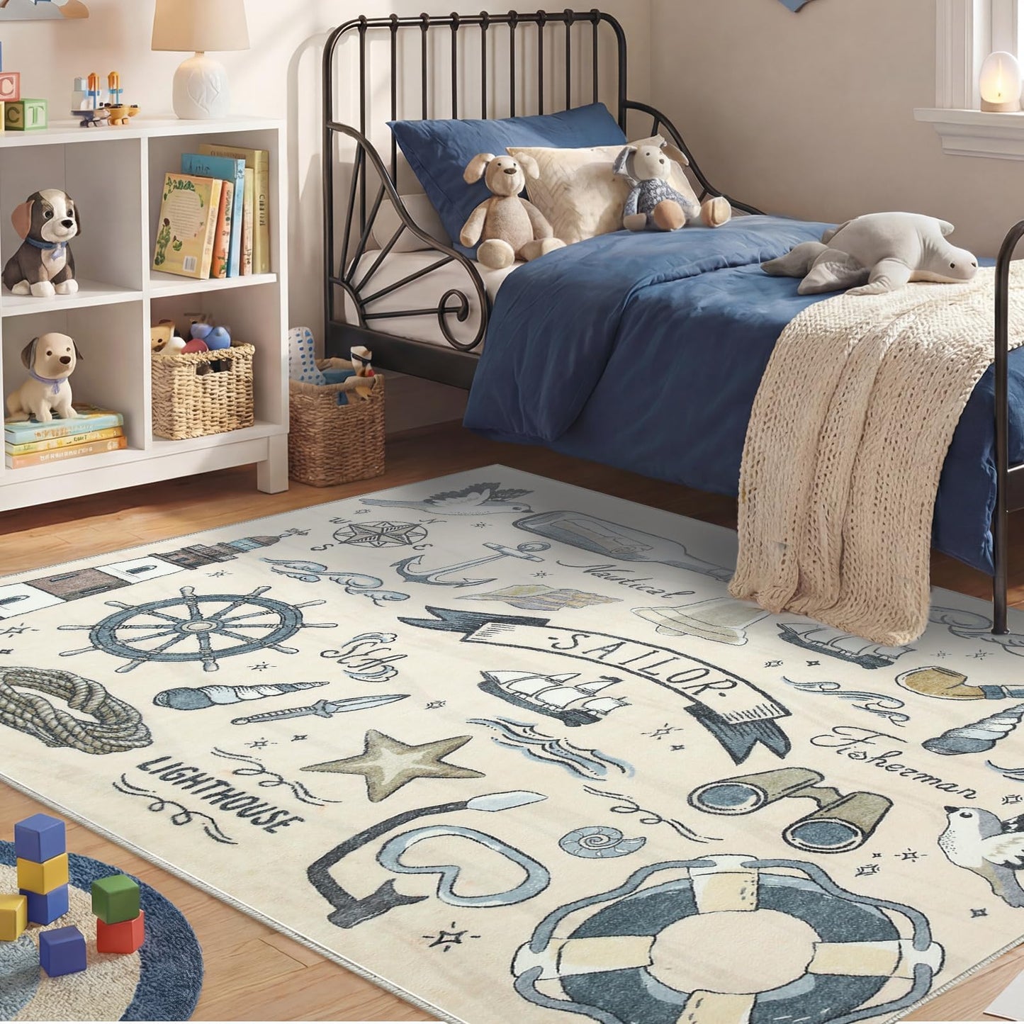 OPPODREAM Soft Area Rugs 5x7, Persian-Inspired Washable Rug, Blue & Gold | Low-Pile Faux Cashmere Surface, TPR Non-Slip Backing, 5 x 7 Carpet for Bedroom, Office, Dorm, Dining Room