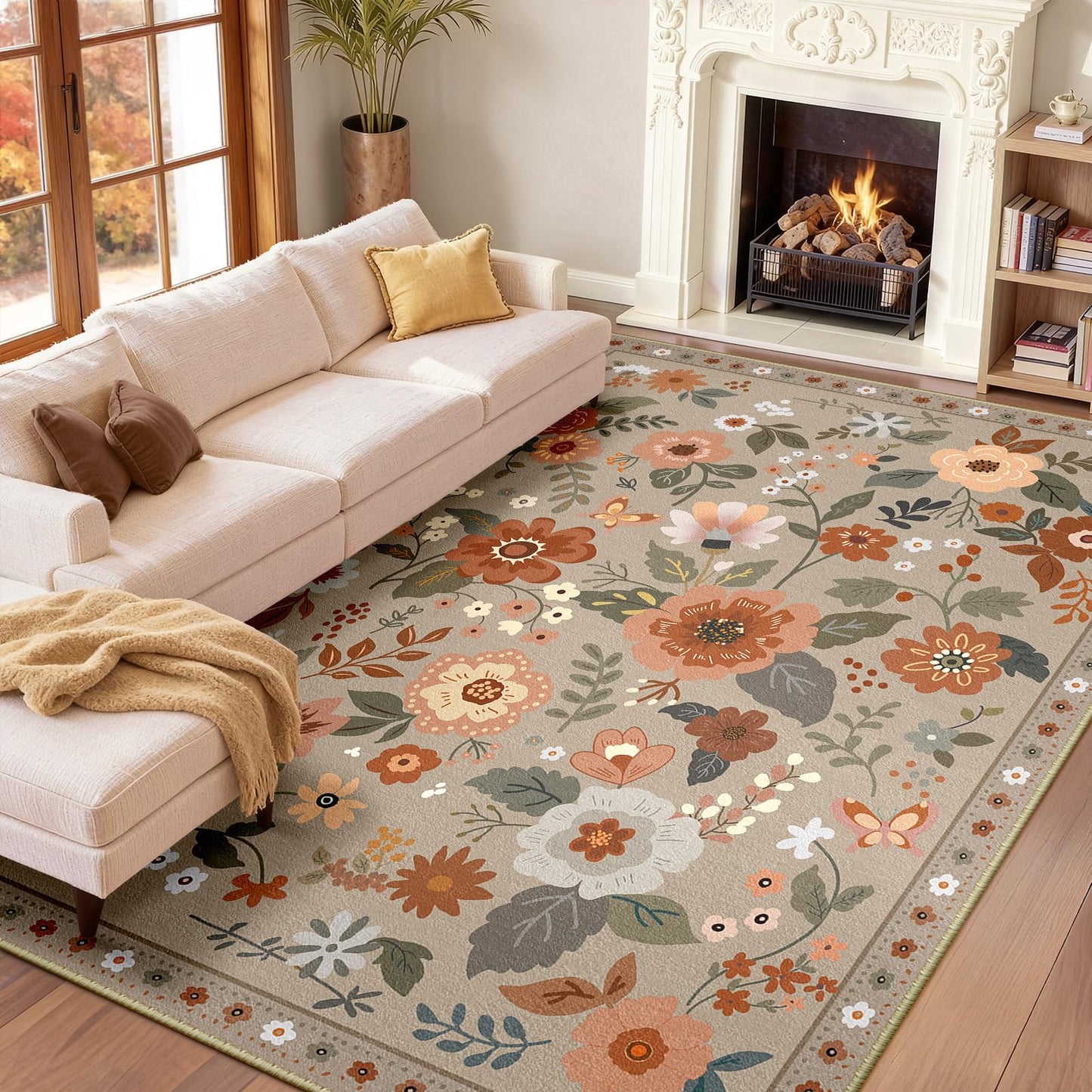 RELEANY Floral Washable 5x7 Area Rugs Beige/White/Orange | Flower Carpet, Print, Boho, Non-Slip, Easy to Clean, Soft, Low Pile for Living Room Bedroom Kitchen Office Entryway Hallway