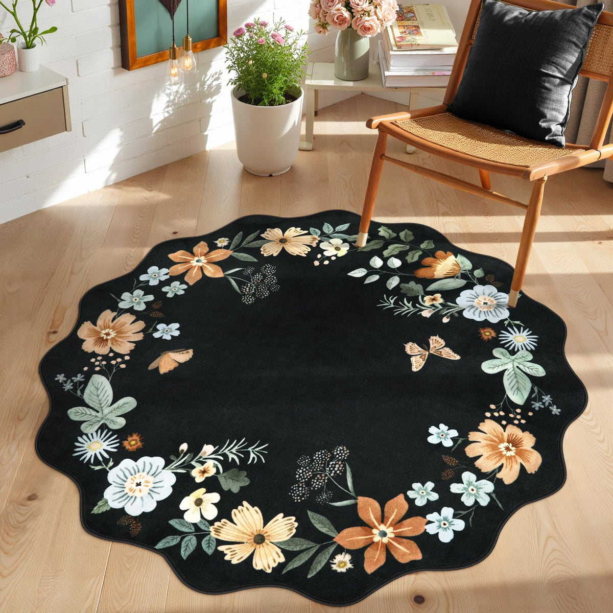 Lahome Floral Washable Living Room Rug, 5x7 Area Rugs for Bedroom Soft | Dining Room Rug Ultra-Thin Non Slip Stain Resistant Boho Low-Pile Throw Carpet for Office Flore (5x7ft, Beige)