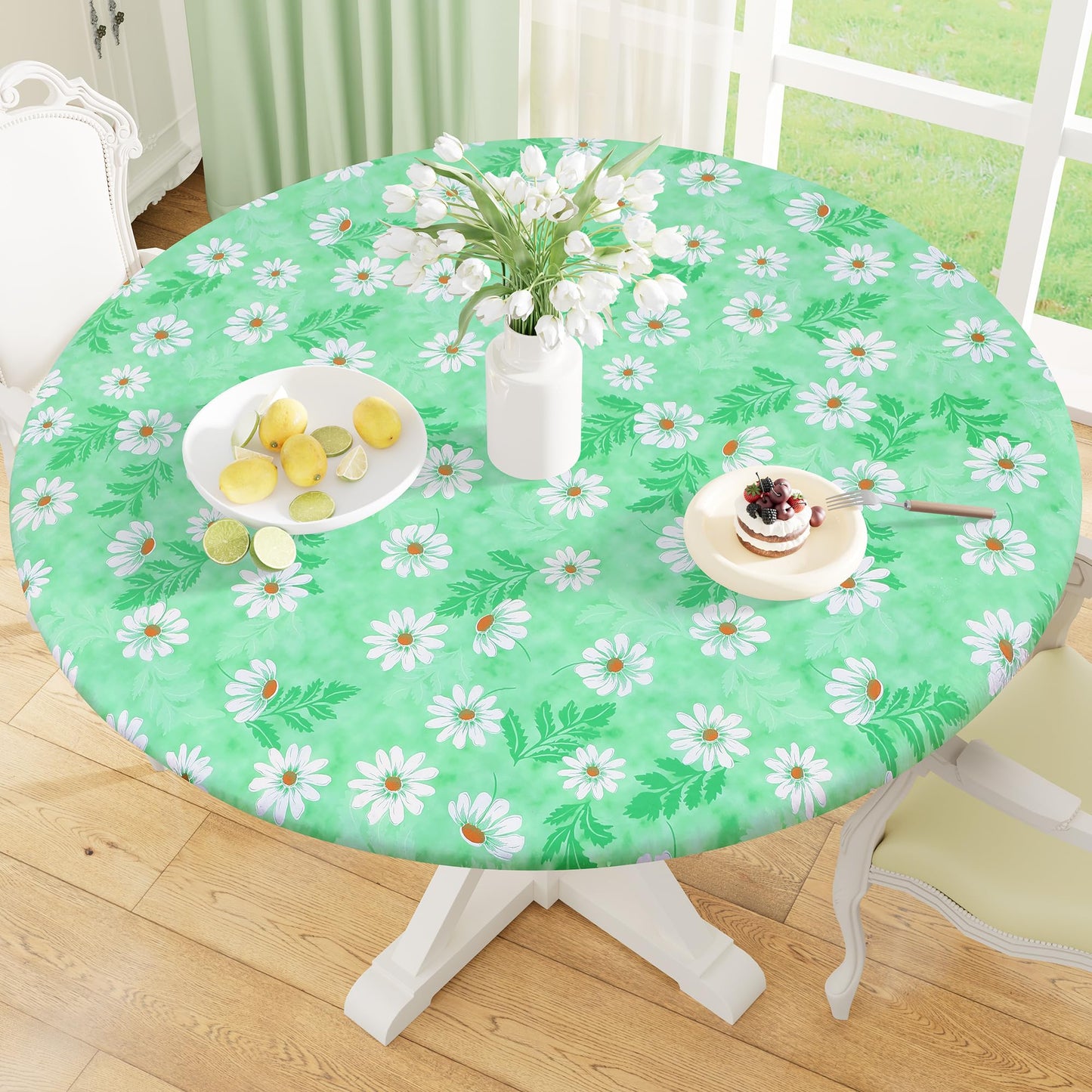 Round Fitted Tablecloth with Elastic Edge, 100% Waterproof Oil Proof Plastic Table Cover, Vinyl Flannel Backed Tablecloth Fits 36"-44" Round Tables for Dinner, Outdoor, Picnic, Oak Wooden Grain