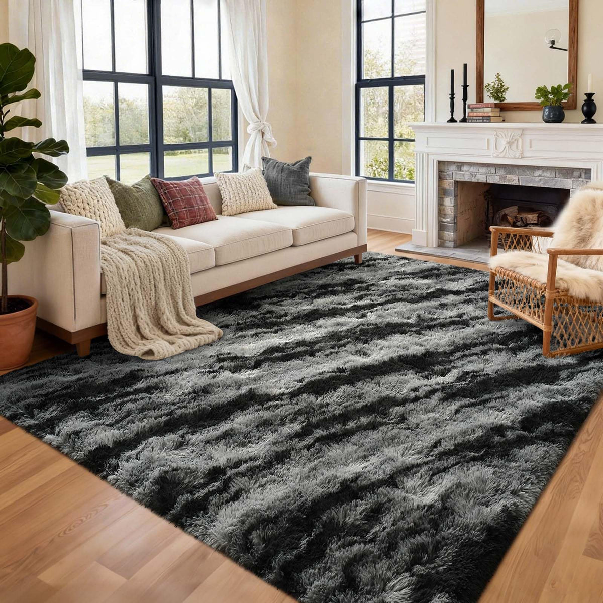 6x9 Ft Large Shag Rugs for Living Room Decor, Tie-Dyed Ultra Soft Fluffy Furry Area Rugs for Bedroom Indoor Floor, Aesthetic Carpet for Kids Home (Dark Grey)