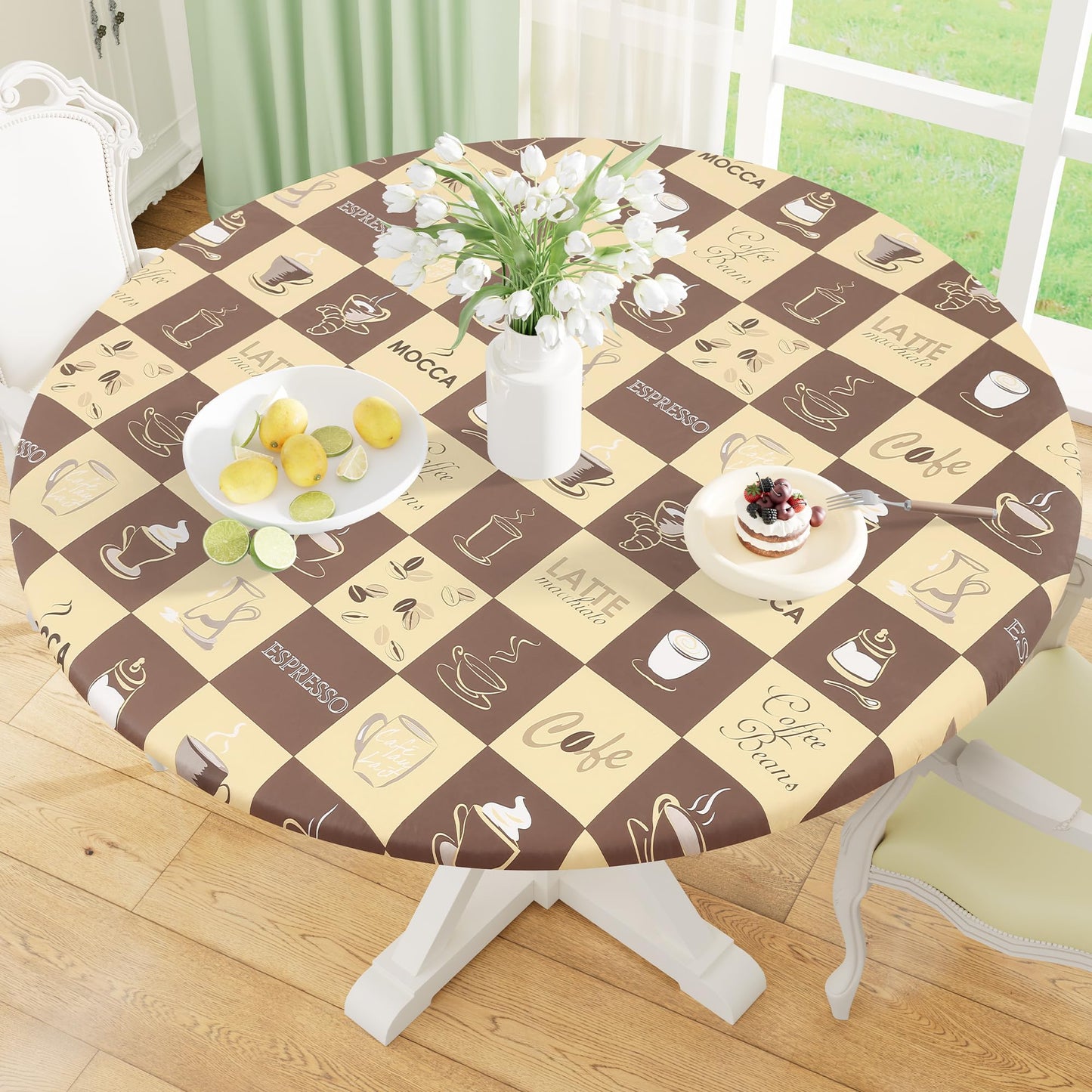 Round Fitted Tablecloth with Elastic Edge, 100% Waterproof Oil Proof Plastic Table Cover, Vinyl Flannel Backed Tablecloth Fits 36"-44" Round Tables for Dinner, Outdoor, Picnic, Oak Wooden Grain