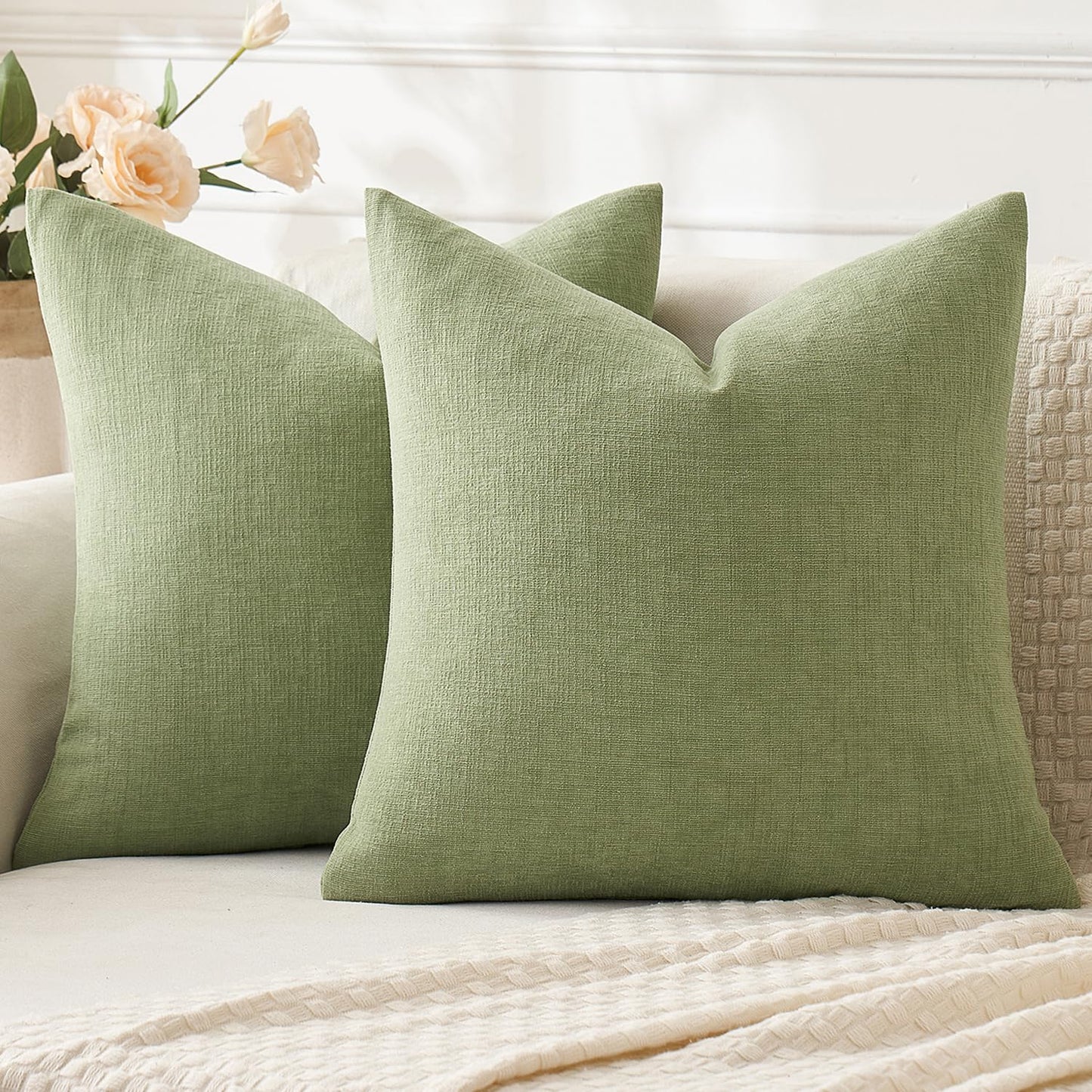MIULEE Olive Green Chenille Couch Throw Pillow Covers, 18x18 | Set of 2, Soft Modern Farmhouse Style, Decorative Pillowcases for Sofa Living Room Bed, Home Decor