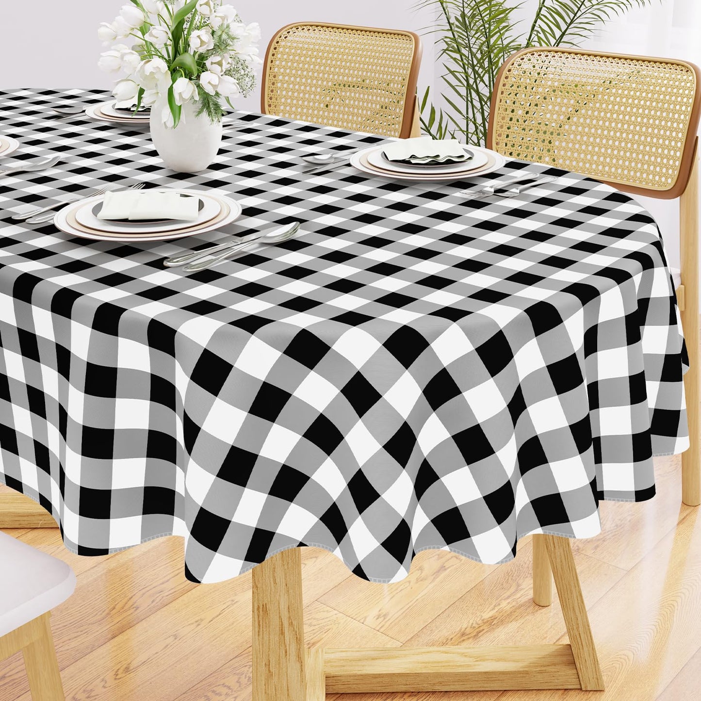 Smiry Picnic Table Cloth, Vinyl Tablecloths with Flannel Backing, 60"x84" | Waterproof Rectangle Table Cloth, Wipeable Buffalo Plaid Table Cover for Indoor and Outdoor (Khaki & White)