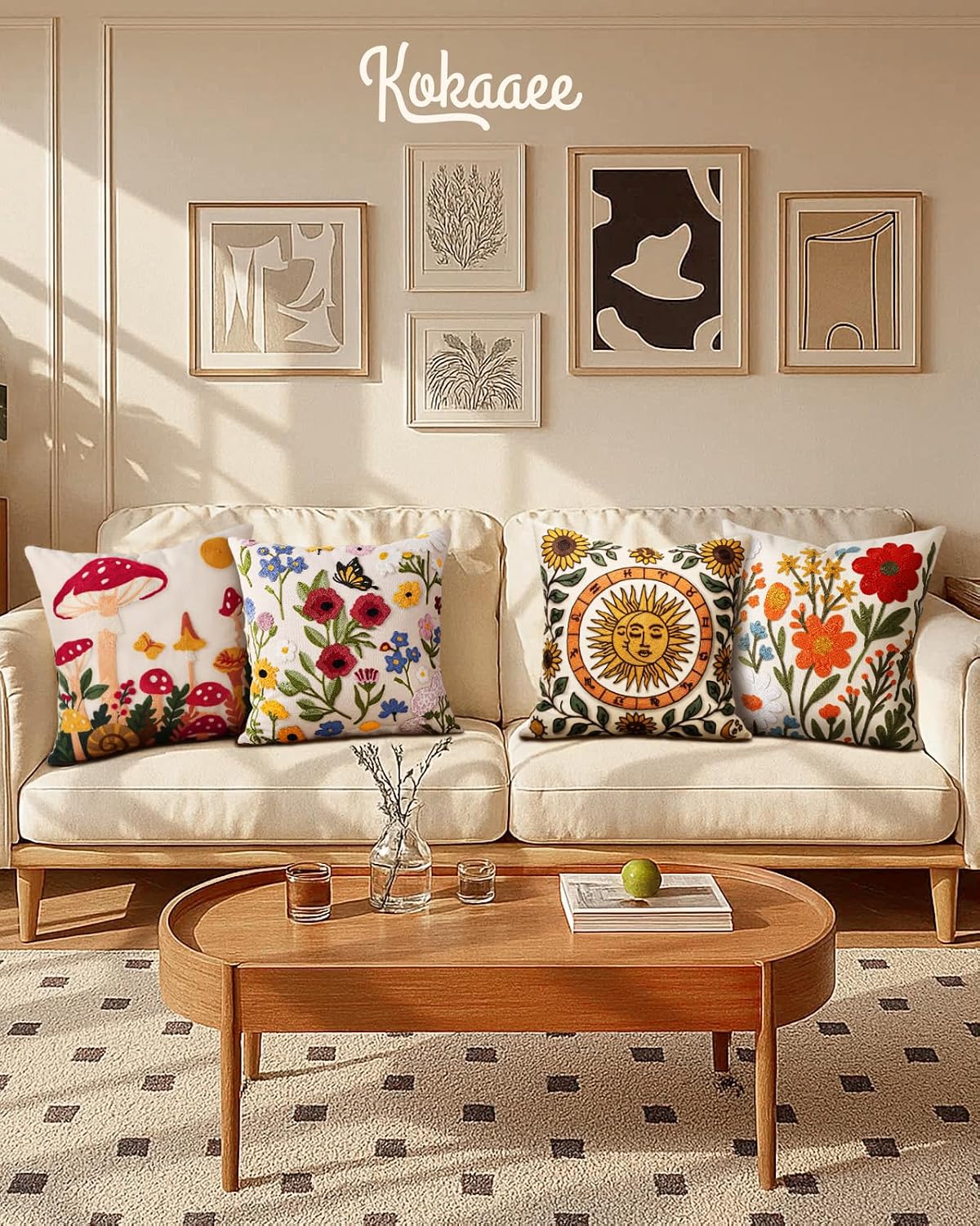 Embroidered Throw Pillow Cover 18x18 Inch, Flower Cluster | Decorative Pillow Cover, Floral Farmhouse Cushion Case with Hidden Zipper, Home Decor for Couch, Sofa, Living Room, Bedroom