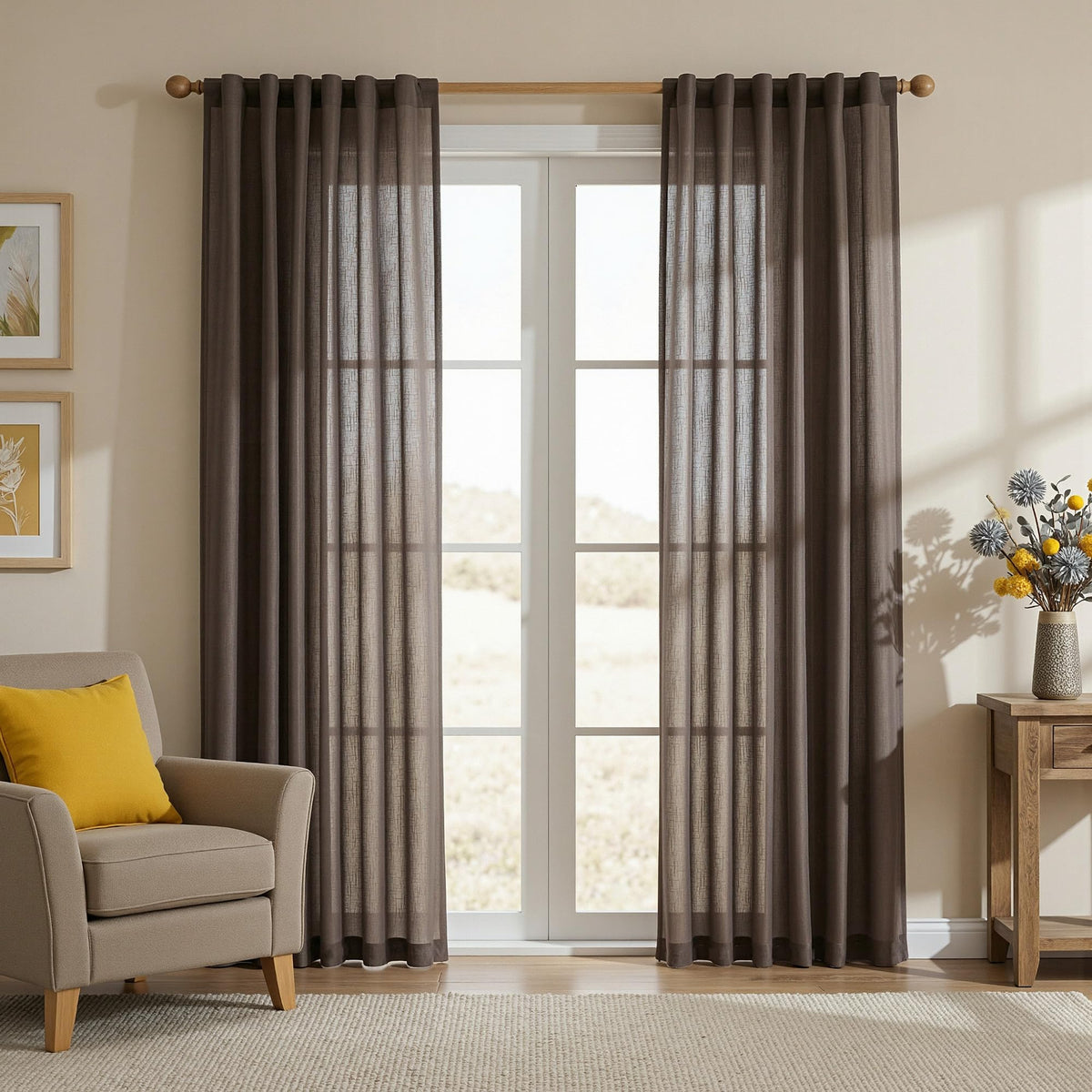MYSKY HOME Linen Curtains for Living Room, Natural Semi Sheer Curtains & Drapes 84 inches Length 2 Panels Set Farmhouse Country Boho Style Back Tab Draperies for Sliding Glass Door, 50" Wide, Linen