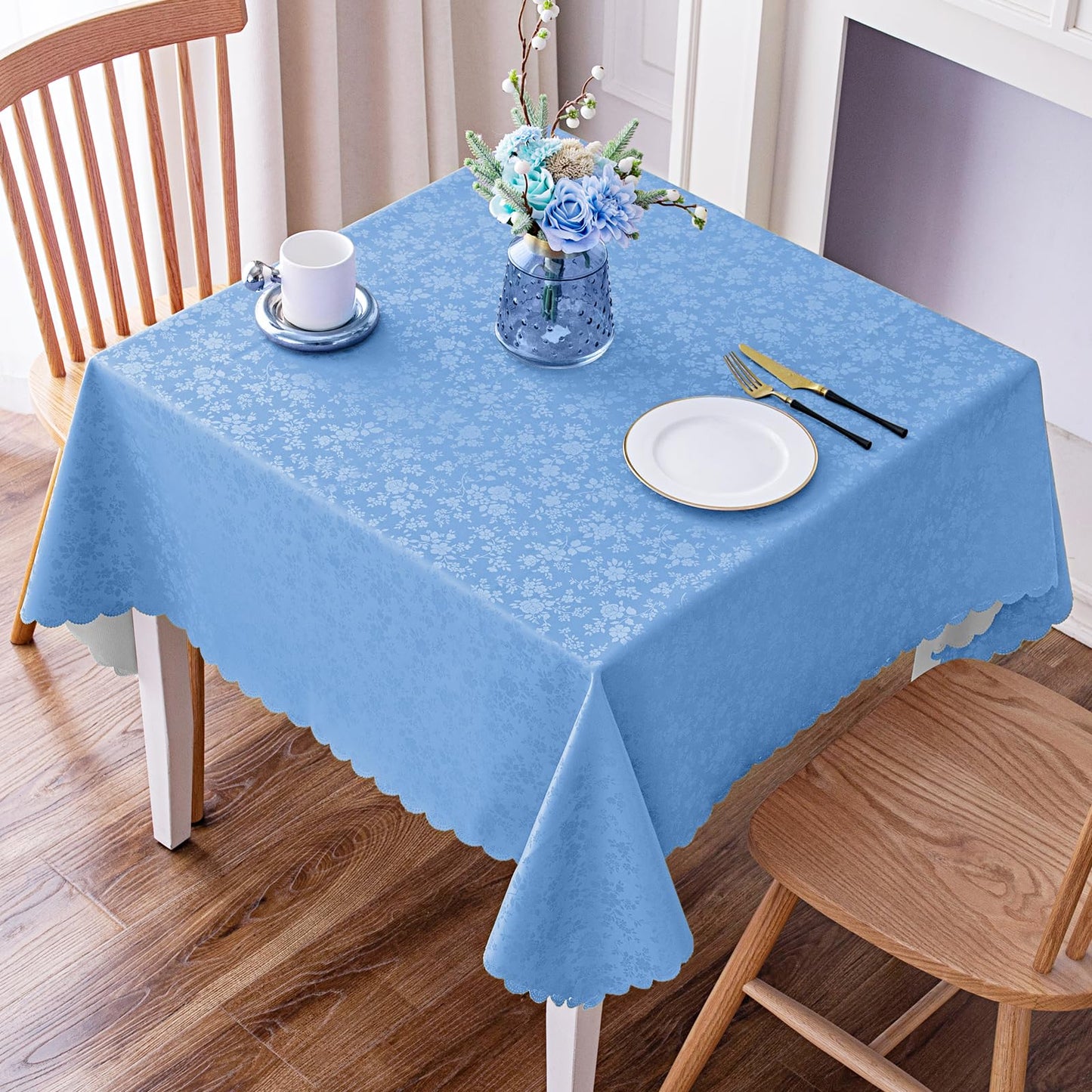 Smiry Rectangle Waterproof Heavy Duty Vinyl Tablecloths, 60 x 84 Inch | Wipeable Washable Floral Embossed Table Cover for Kitchen and Dining Room, Indoor & Outdoor Use, Beige