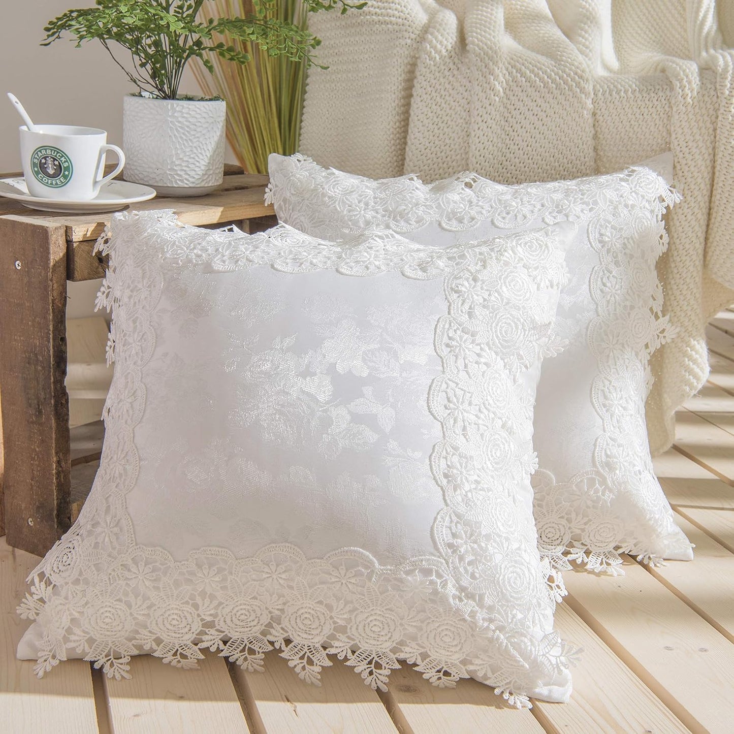 Pack of 2 Jacquard Embroidery Throw Pillow Covers Lace Ruffles 16"x16" | White Lace Ruffles Pillow Covers for Couch Sofa Home Bed