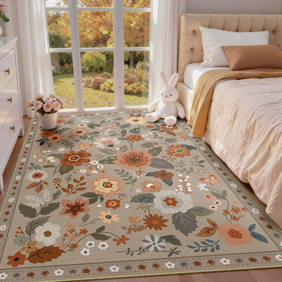RELEANY Floral Washable 5x7 Area Rugs Black | Flower Carpet, Print, Boho, Non-Slip, Easy to Clean, Soft, Low Pile for Living Room Bedroom Kitchen Office Entryway Hallway